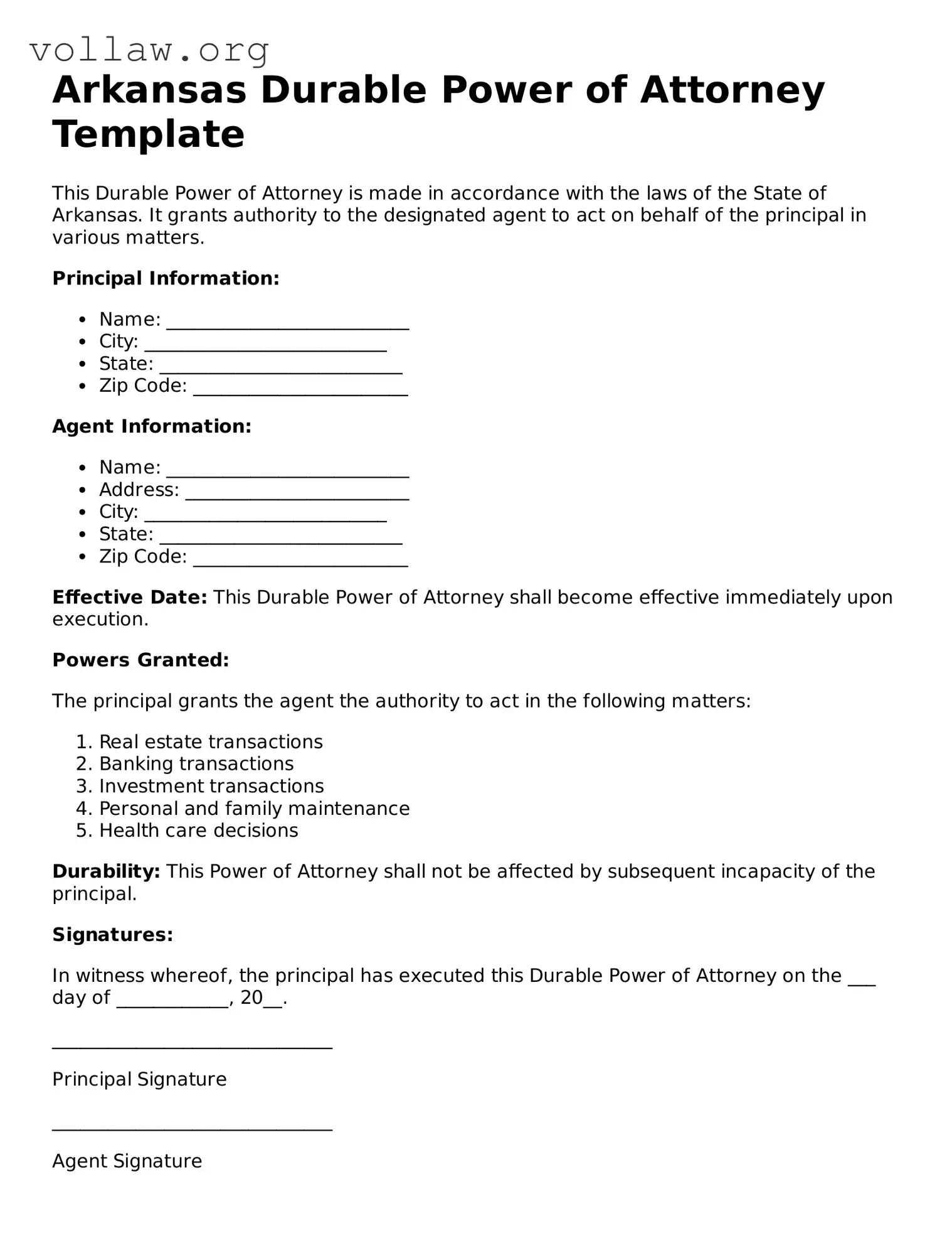 Attorney-Verified  Durable Power of Attorney Form for Arkansas