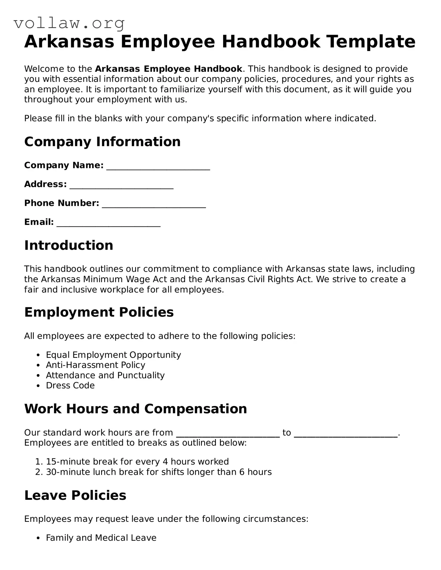 Attorney-Verified  Employee Handbook Form for Arkansas