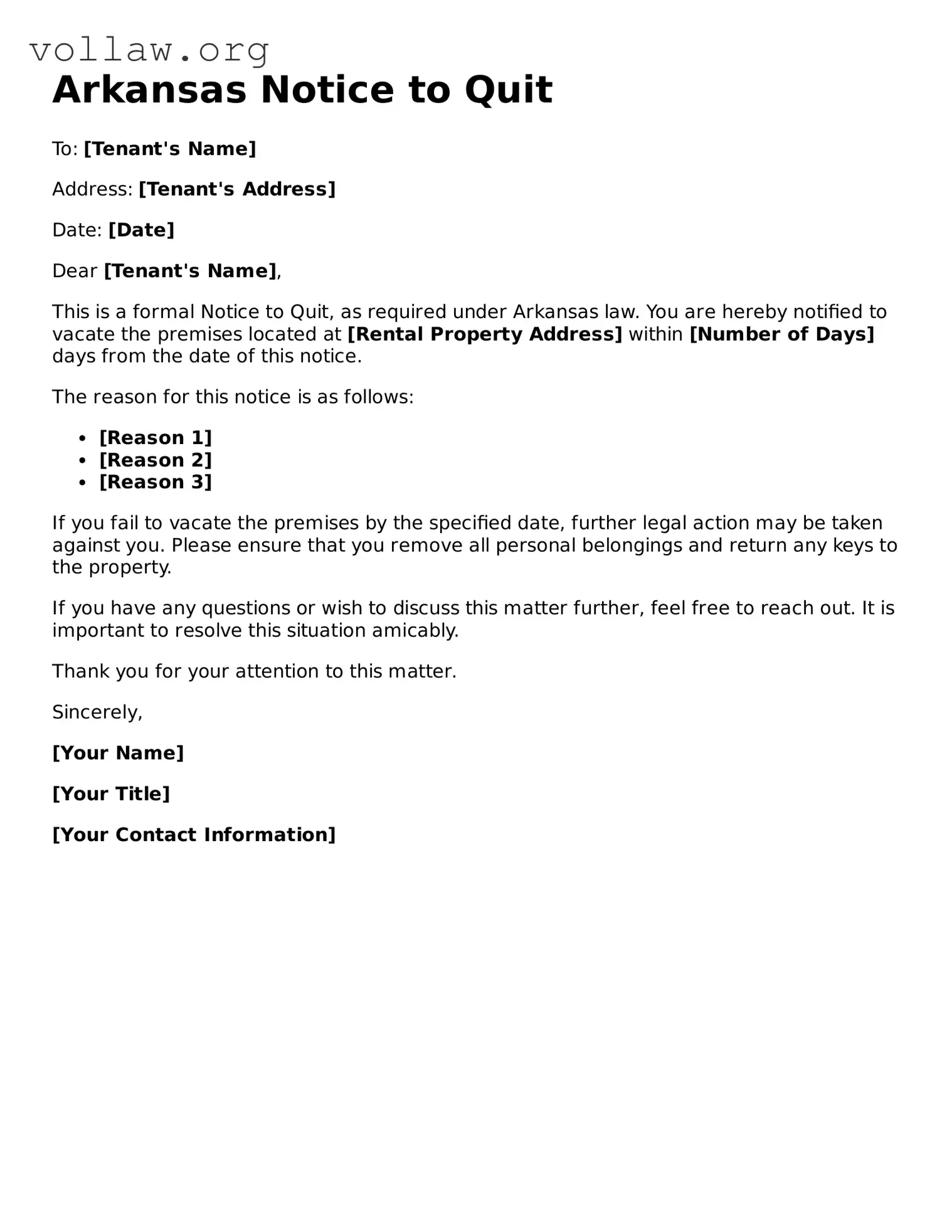 Attorney-Verified  Notice to Quit Form for Arkansas