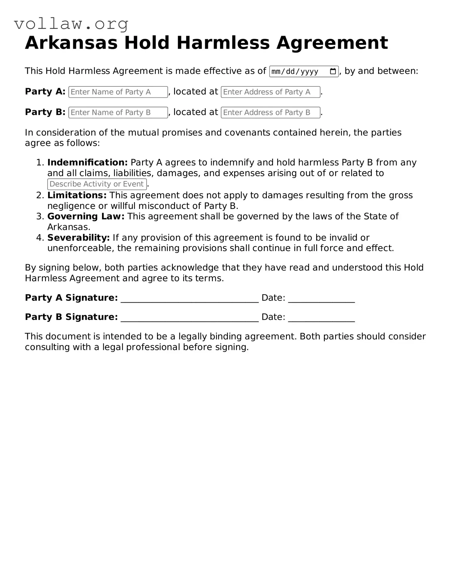 Attorney-Verified  Hold Harmless Agreement Form for Arkansas
