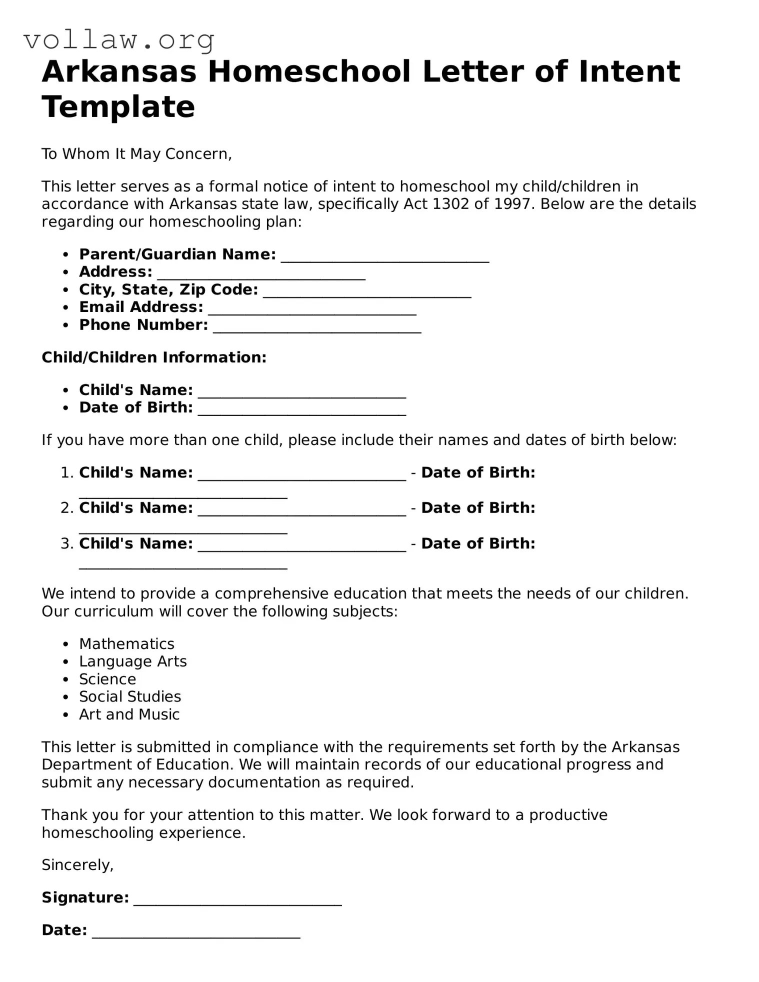 Attorney-Verified  Homeschool Letter of Intent Form for Arkansas