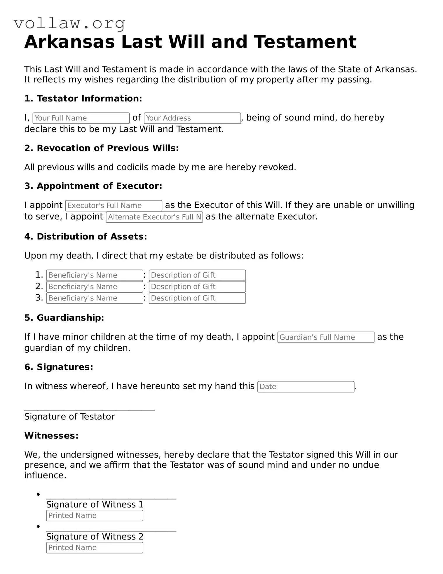 Attorney-Verified  Last Will and Testament Form for Arkansas