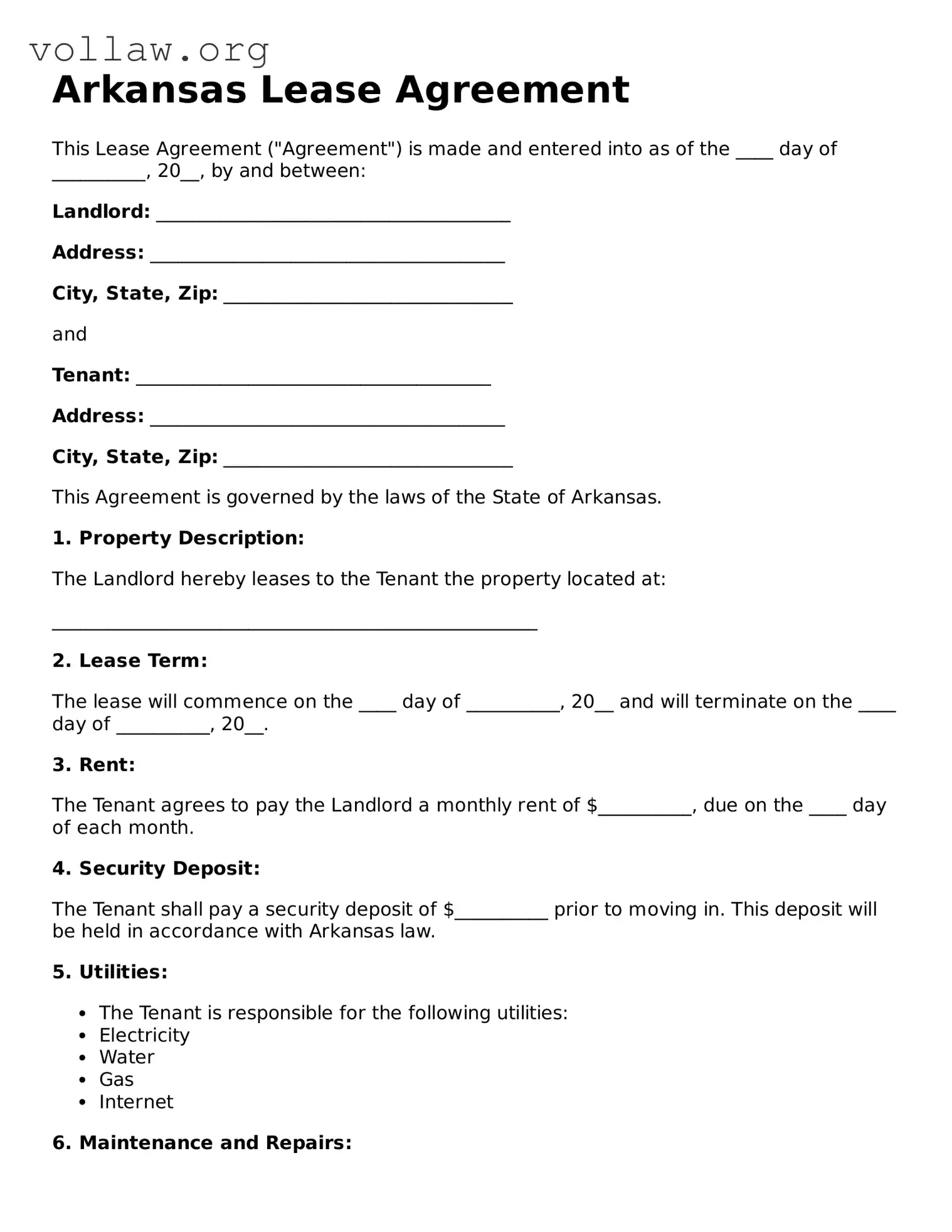 Attorney-Verified  Lease Agreement Form for Arkansas