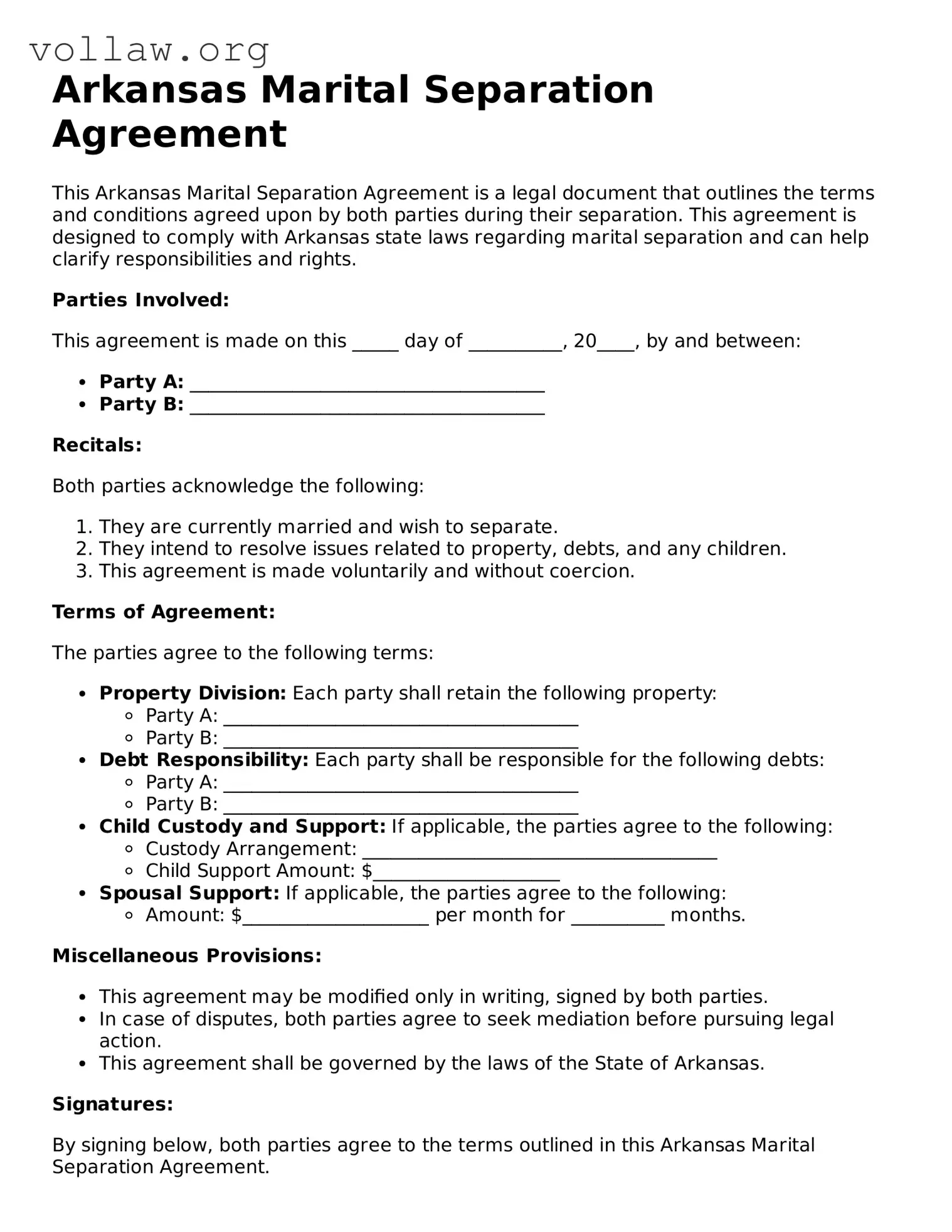 Attorney-Verified  Marital Separation Agreement Form for Arkansas