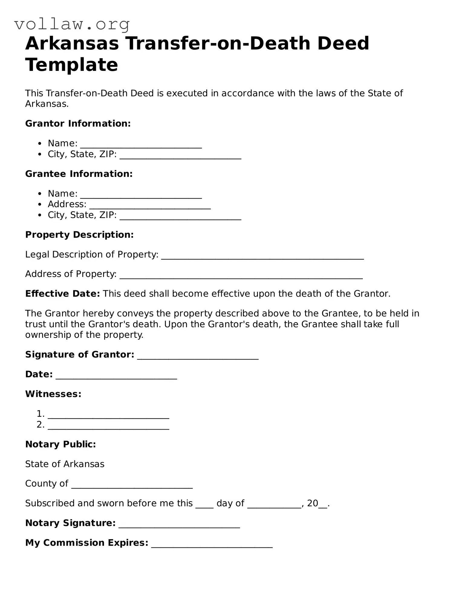 Attorney-Verified  Transfer-on-Death Deed Form for Arkansas