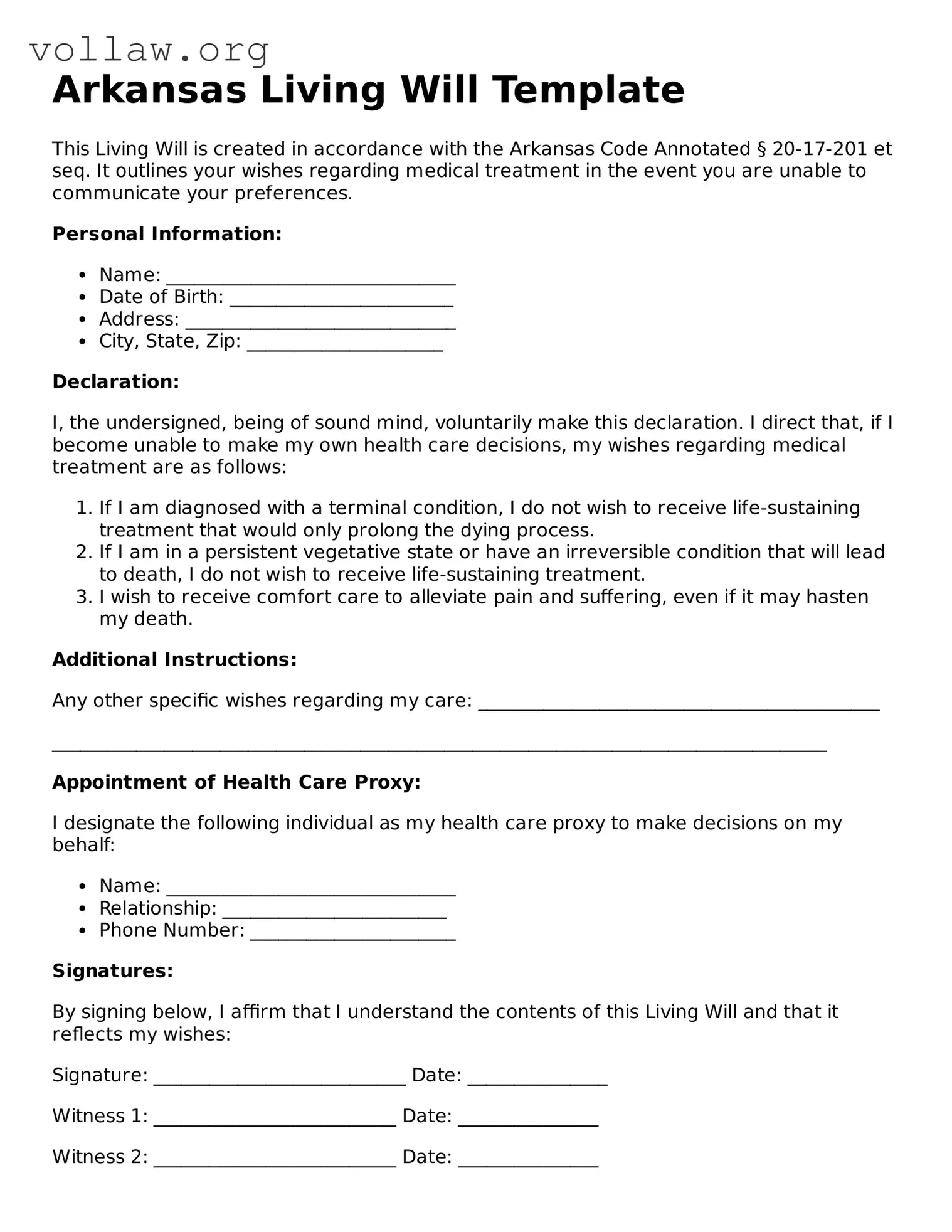 Attorney-Verified  Living Will Form for Arkansas