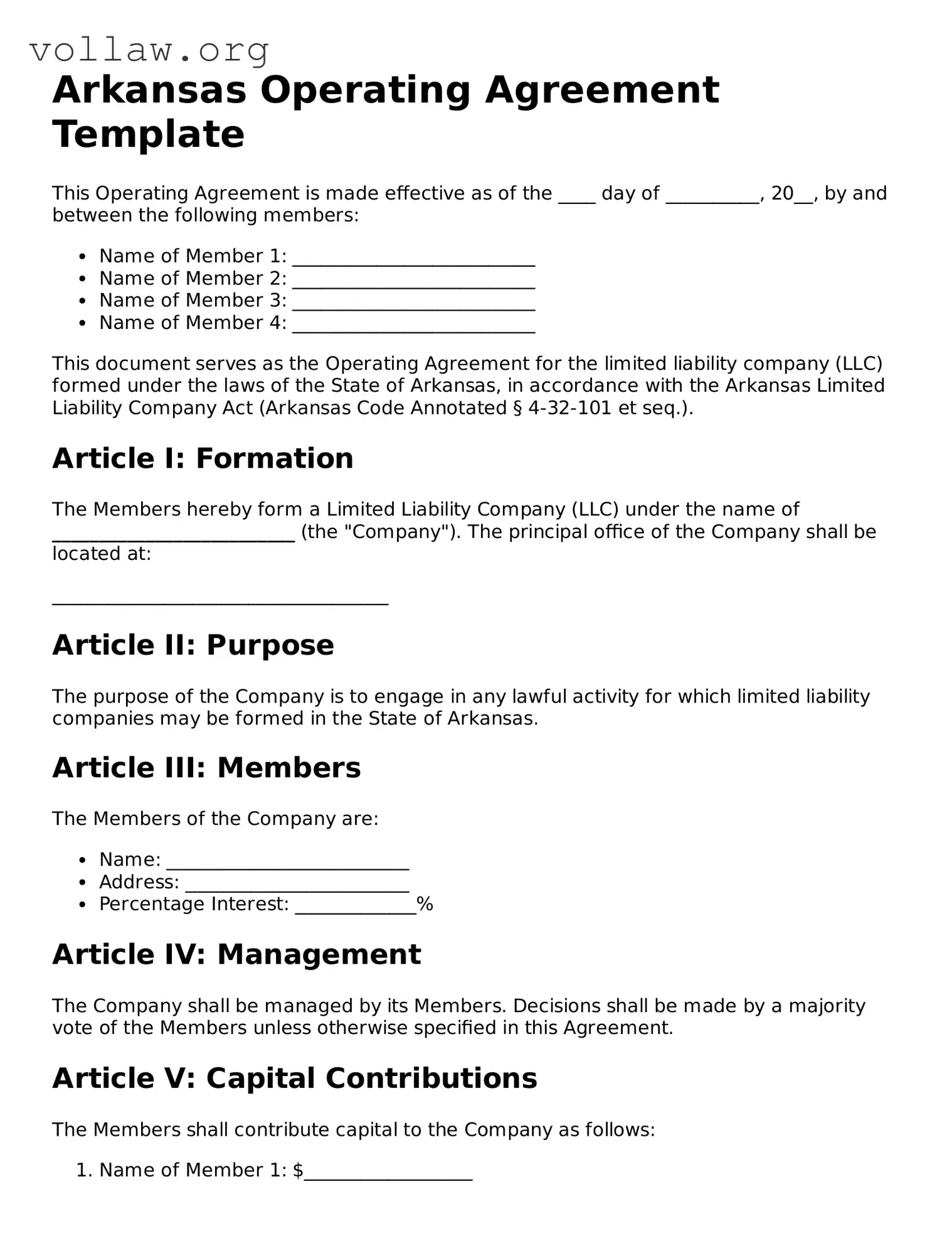 Attorney-Verified  Operating Agreement Form for Arkansas