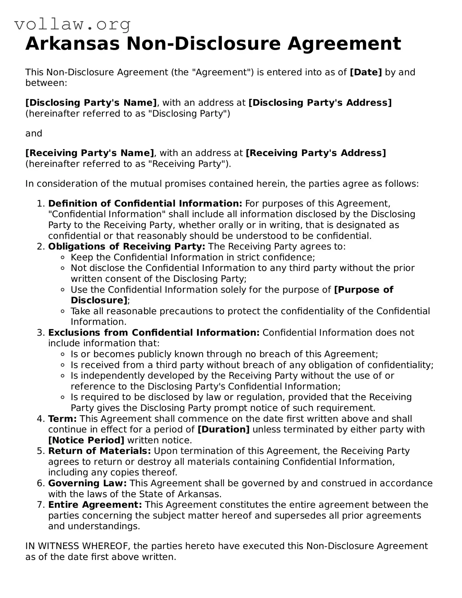 Attorney-Verified  Non-disclosure Agreement Form for Arkansas