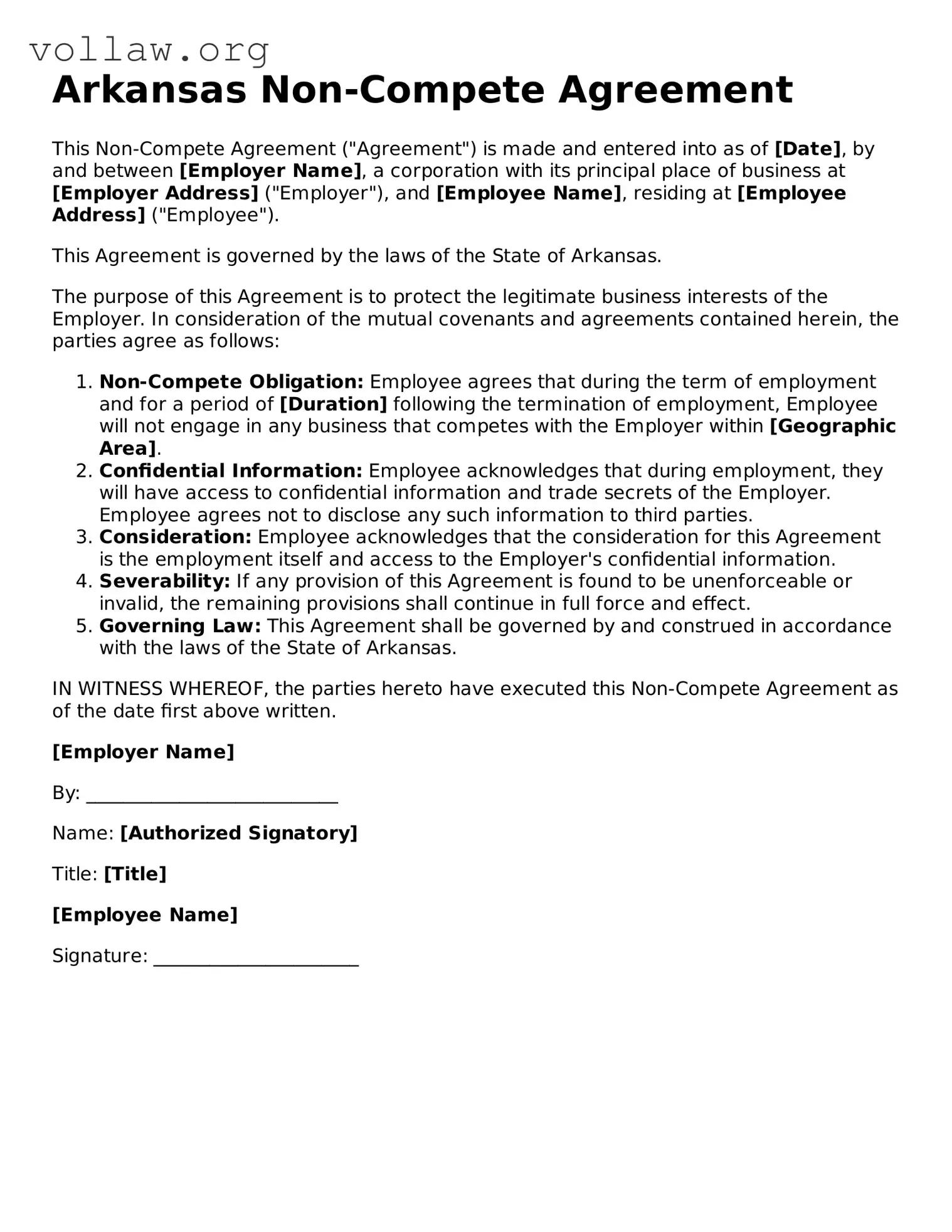 Attorney-Verified  Non-compete Agreement Form for Arkansas