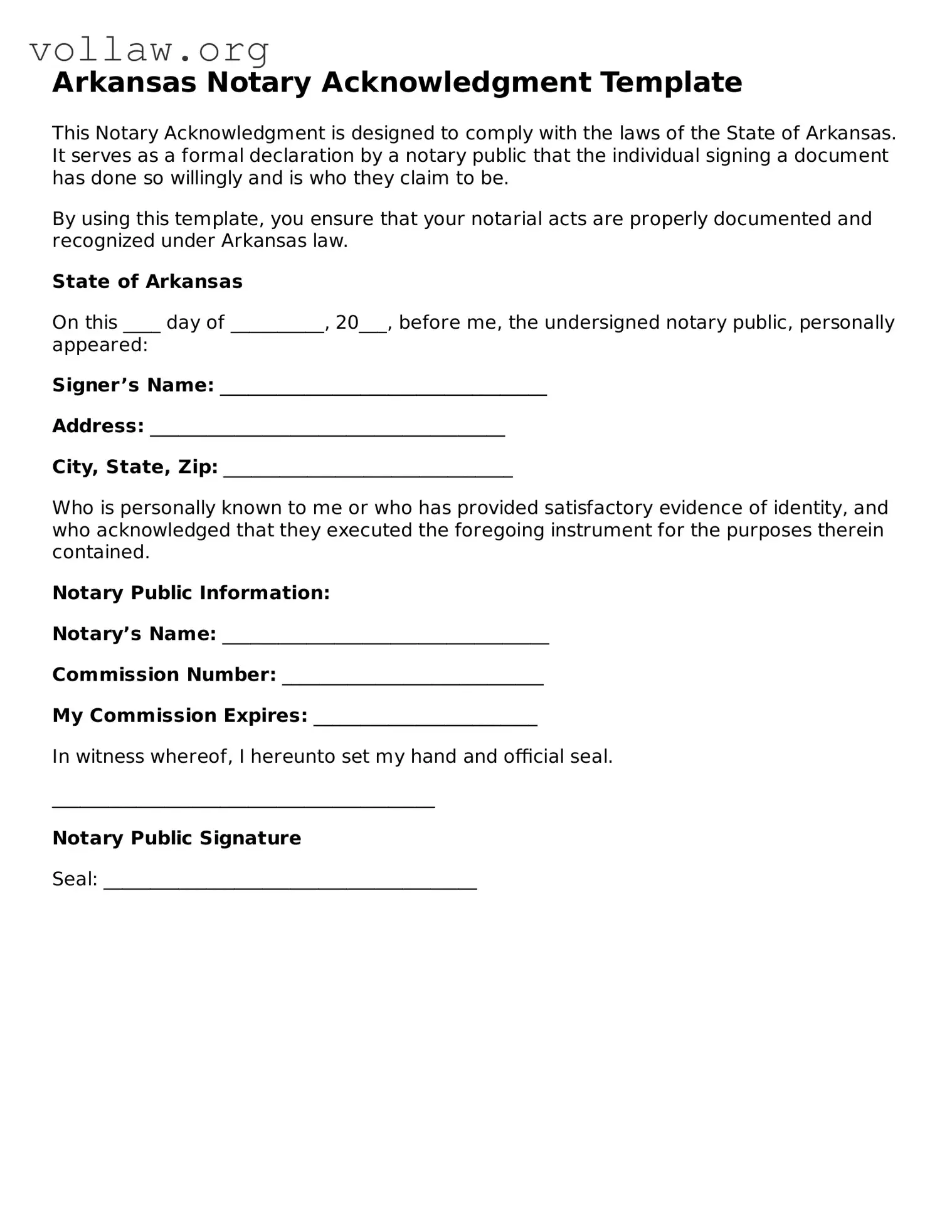 Attorney-Verified  Notary Acknowledgement Form for Arkansas