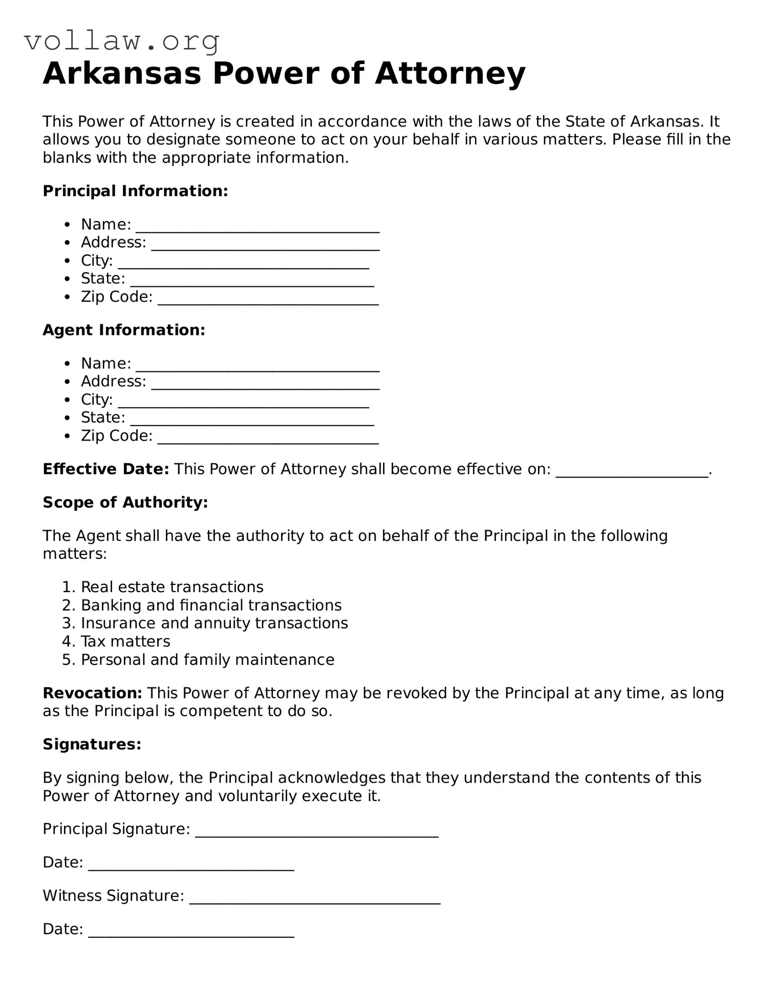 Attorney-Verified  Power of Attorney Form for Arkansas