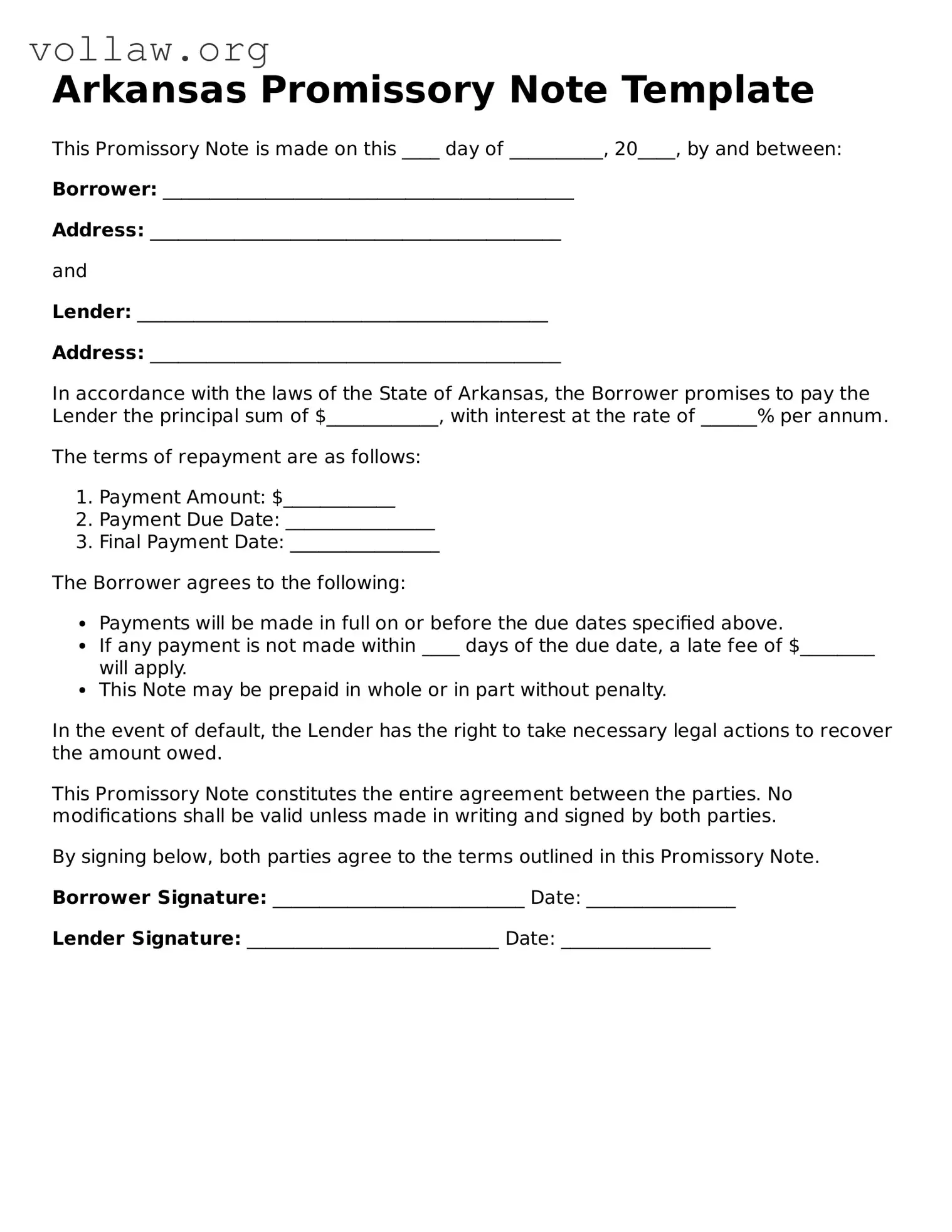 Attorney-Verified  Promissory Note Form for Arkansas