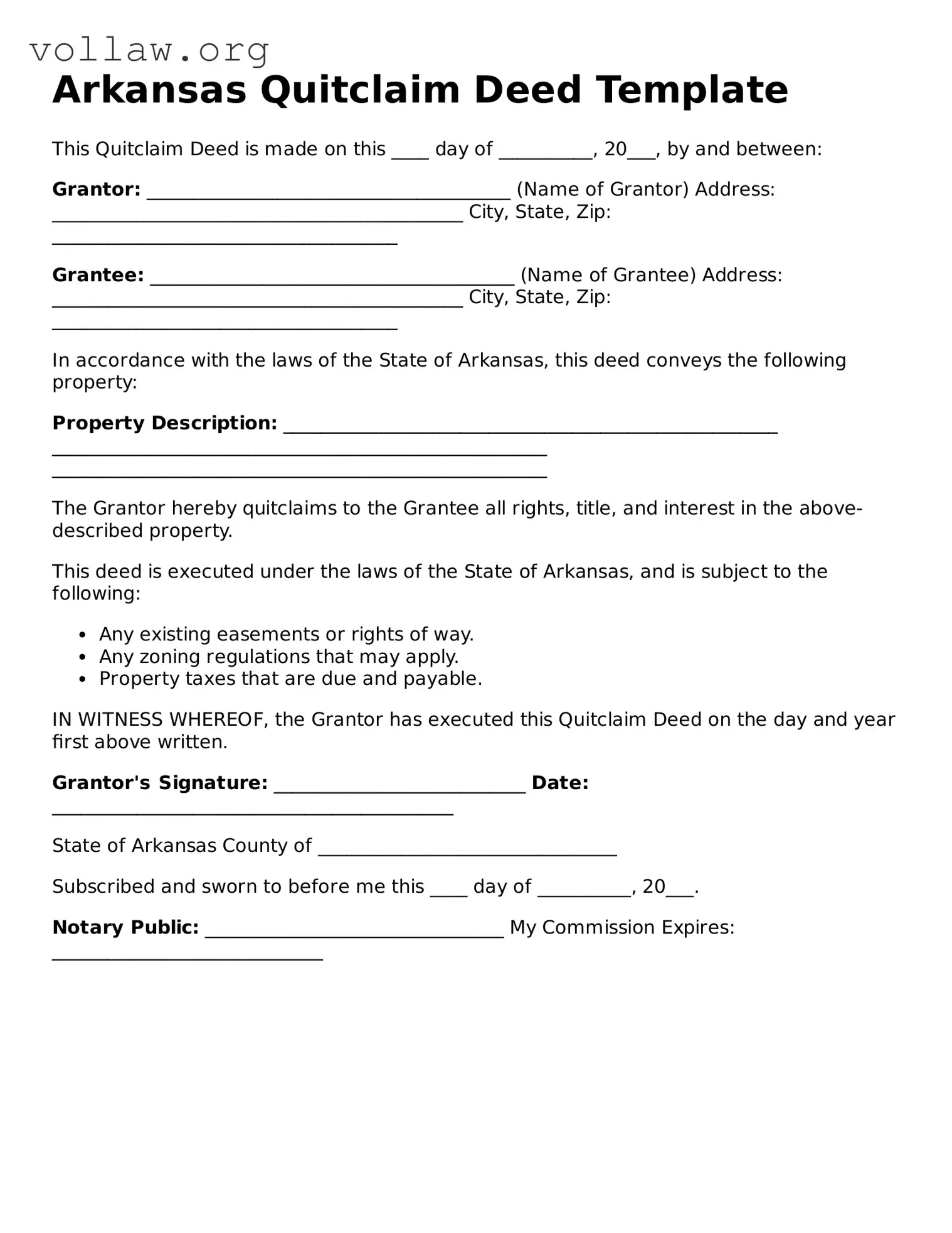 Attorney-Verified  Quitclaim Deed Form for Arkansas