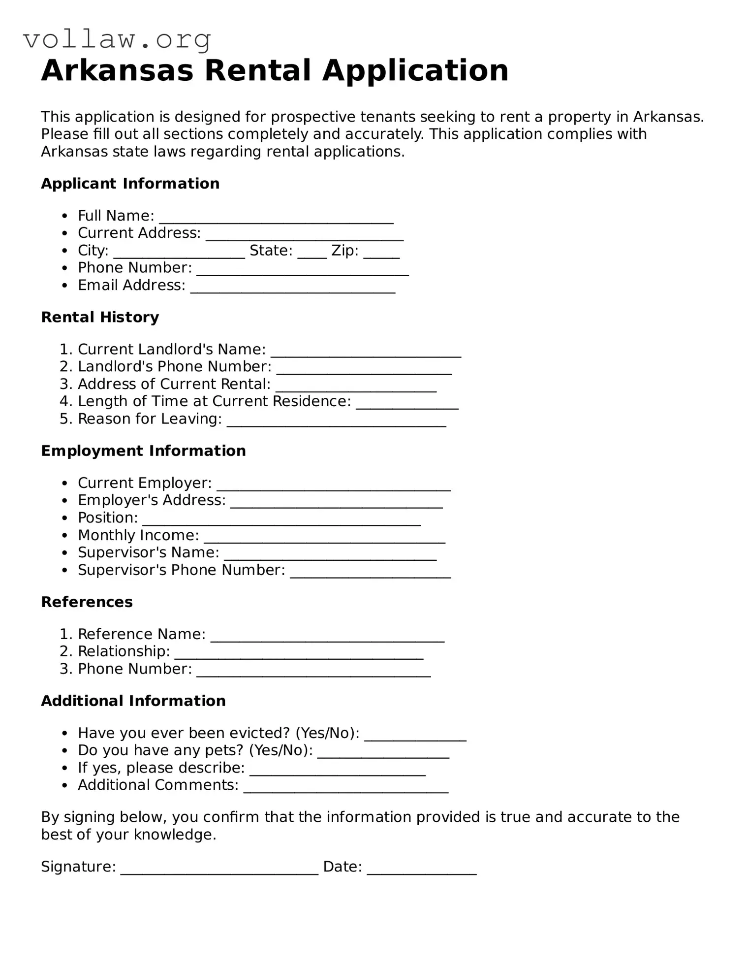Attorney-Verified  Rental Application Form for Arkansas