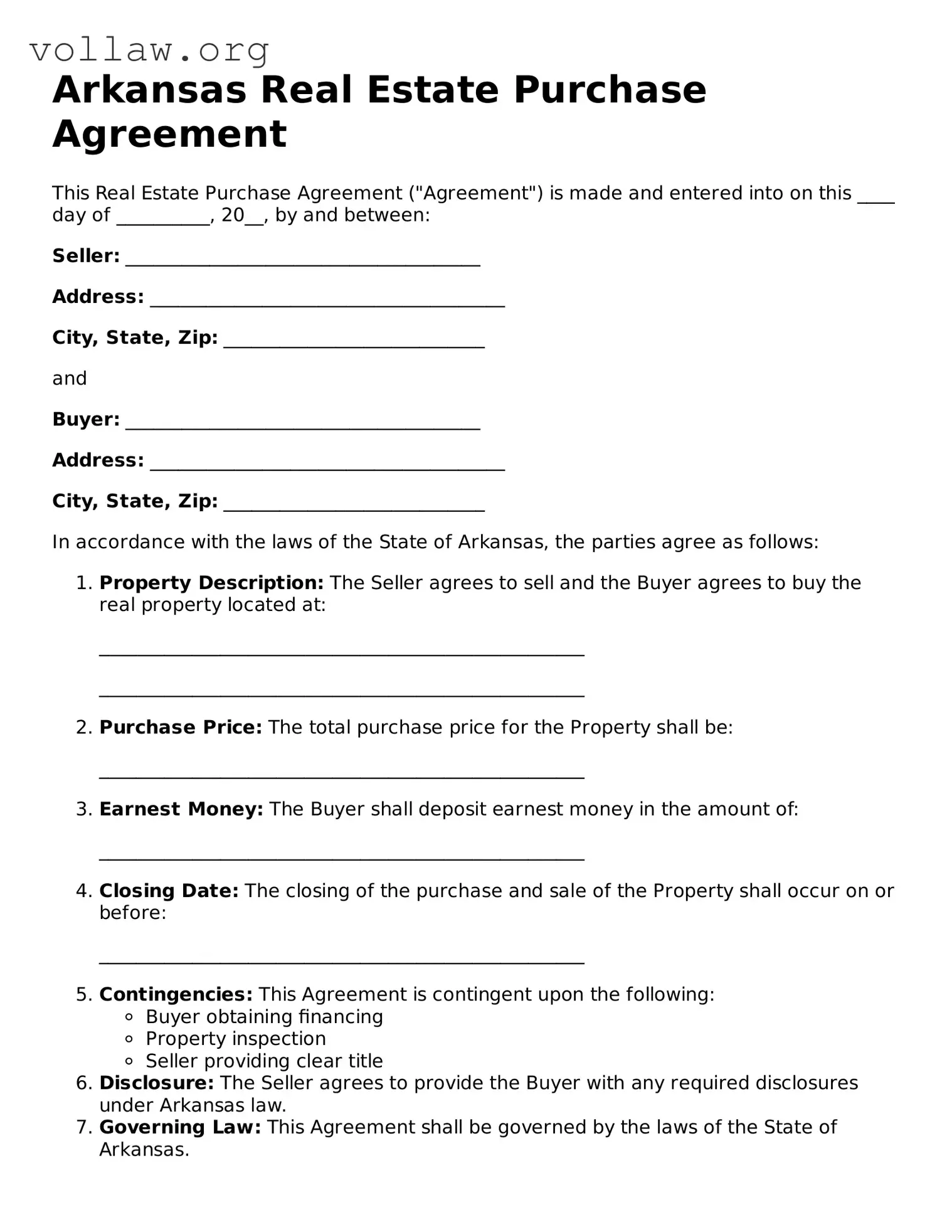 Attorney-Verified  Real Estate Purchase Agreement Form for Arkansas