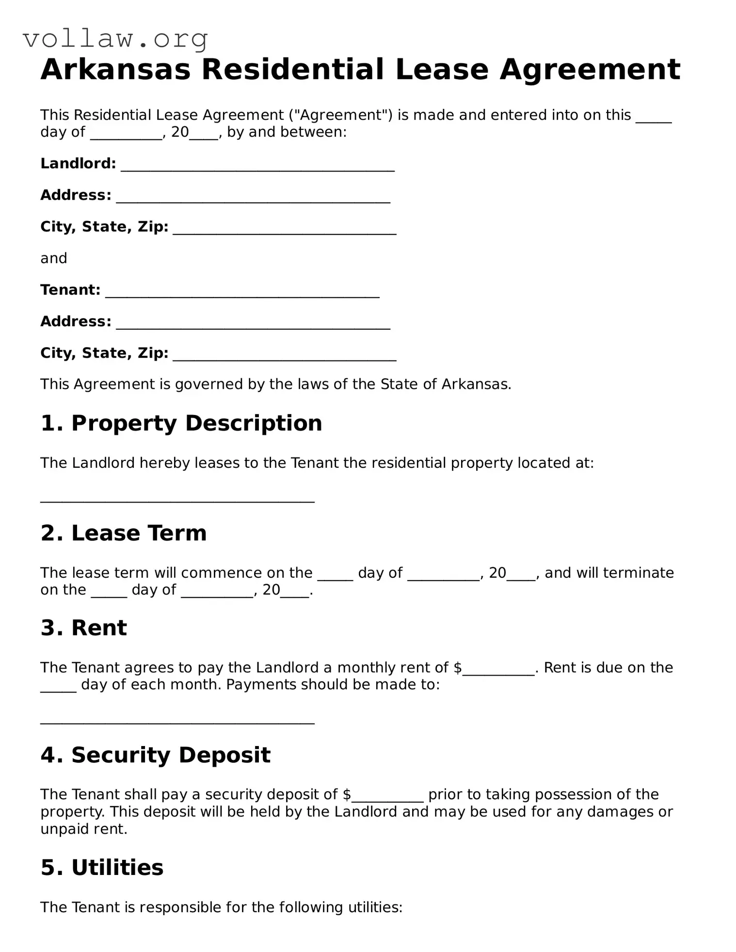 Attorney-Verified  Residential Lease Agreement Form for Arkansas