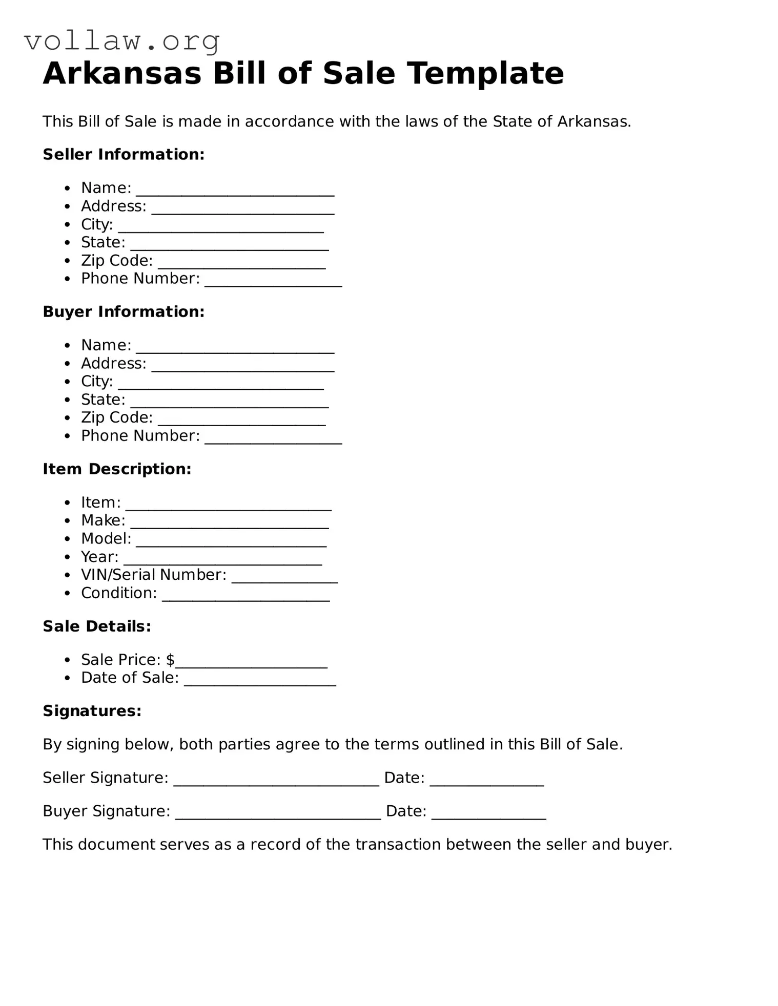 Attorney-Verified  Bill of Sale Form for Arkansas