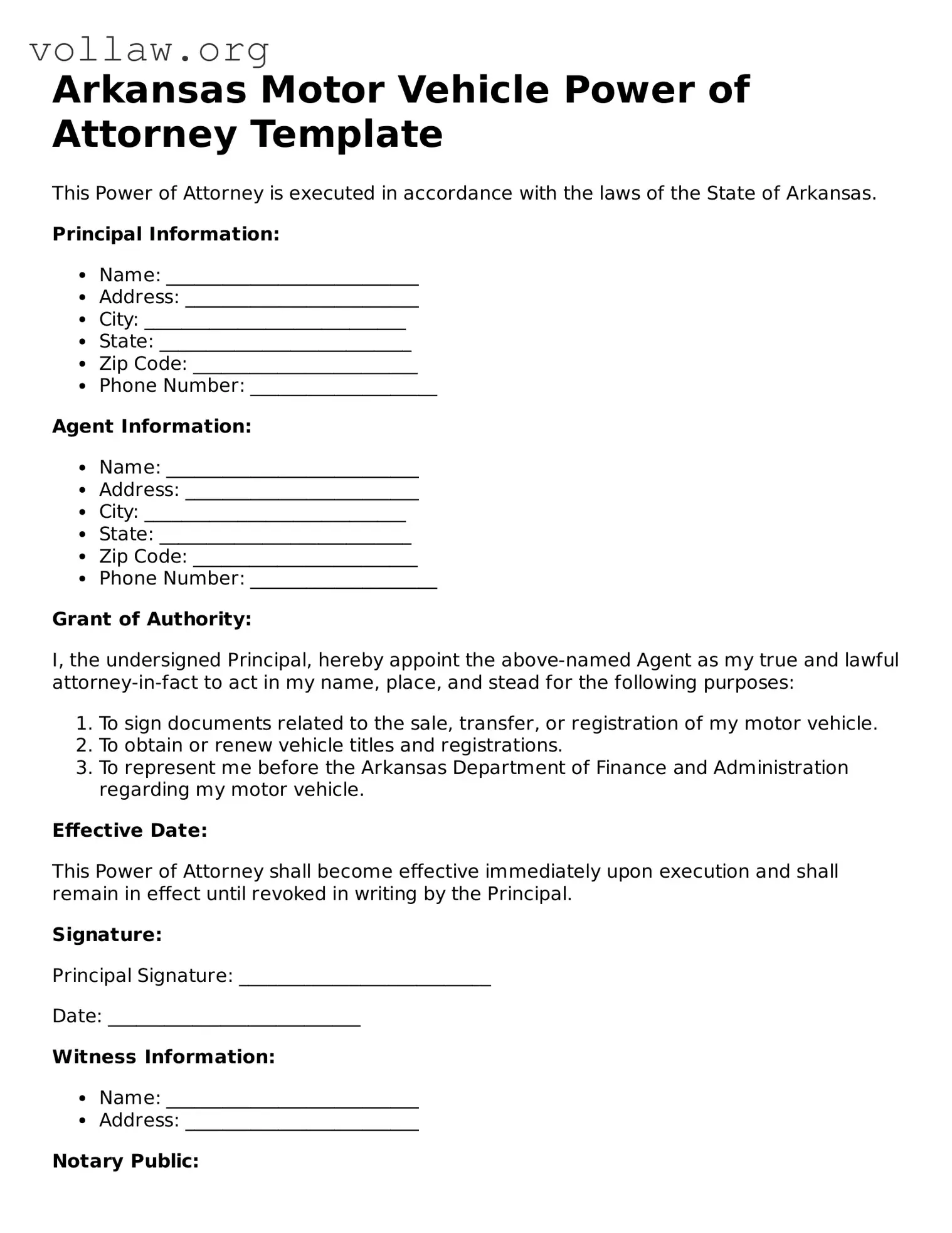 Attorney-Verified  Motor Vehicle Power of Attorney Form for Arkansas