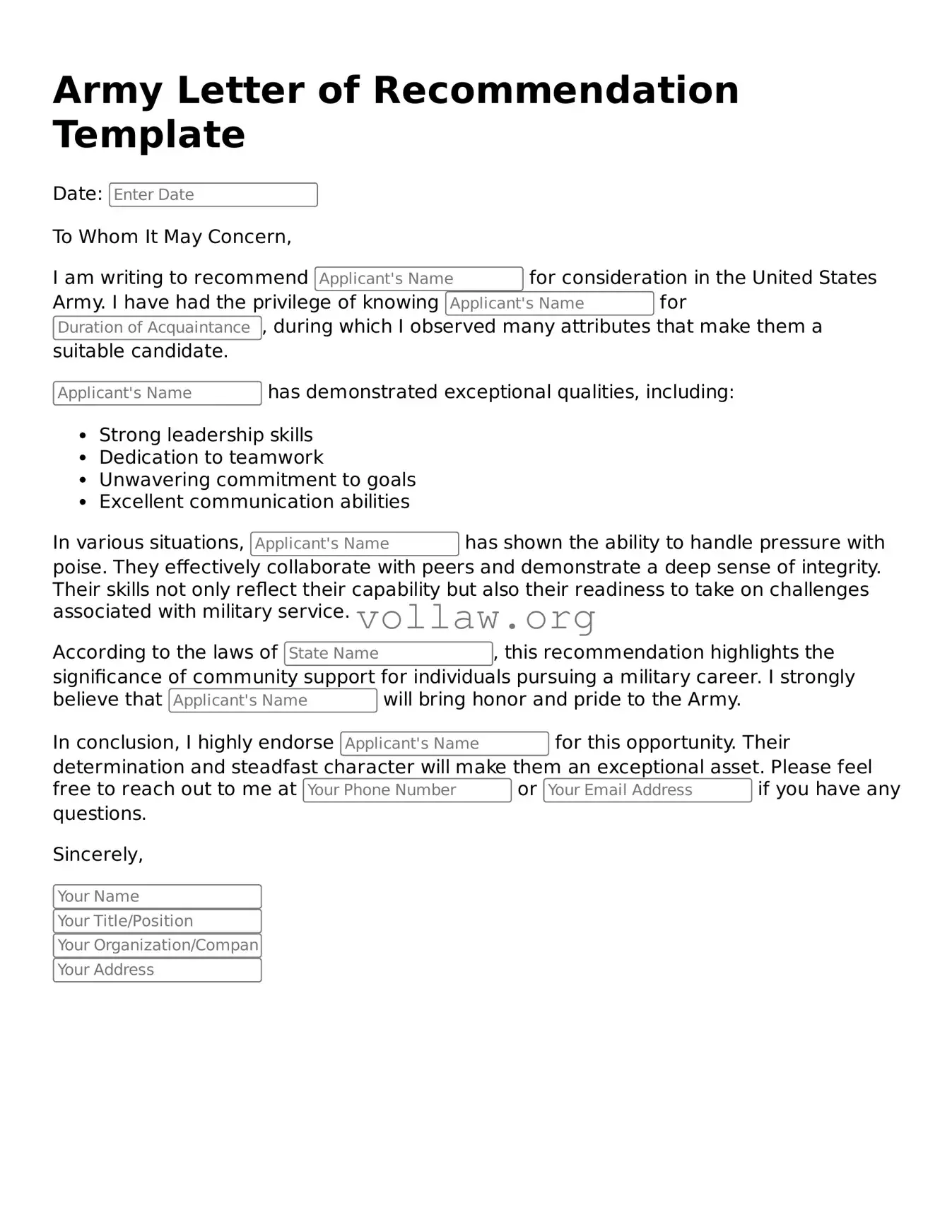 Free Army Letter of Recommendation Form