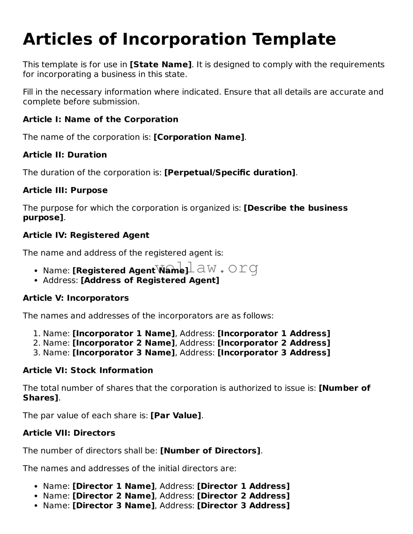 Free Articles of Incorporation Form