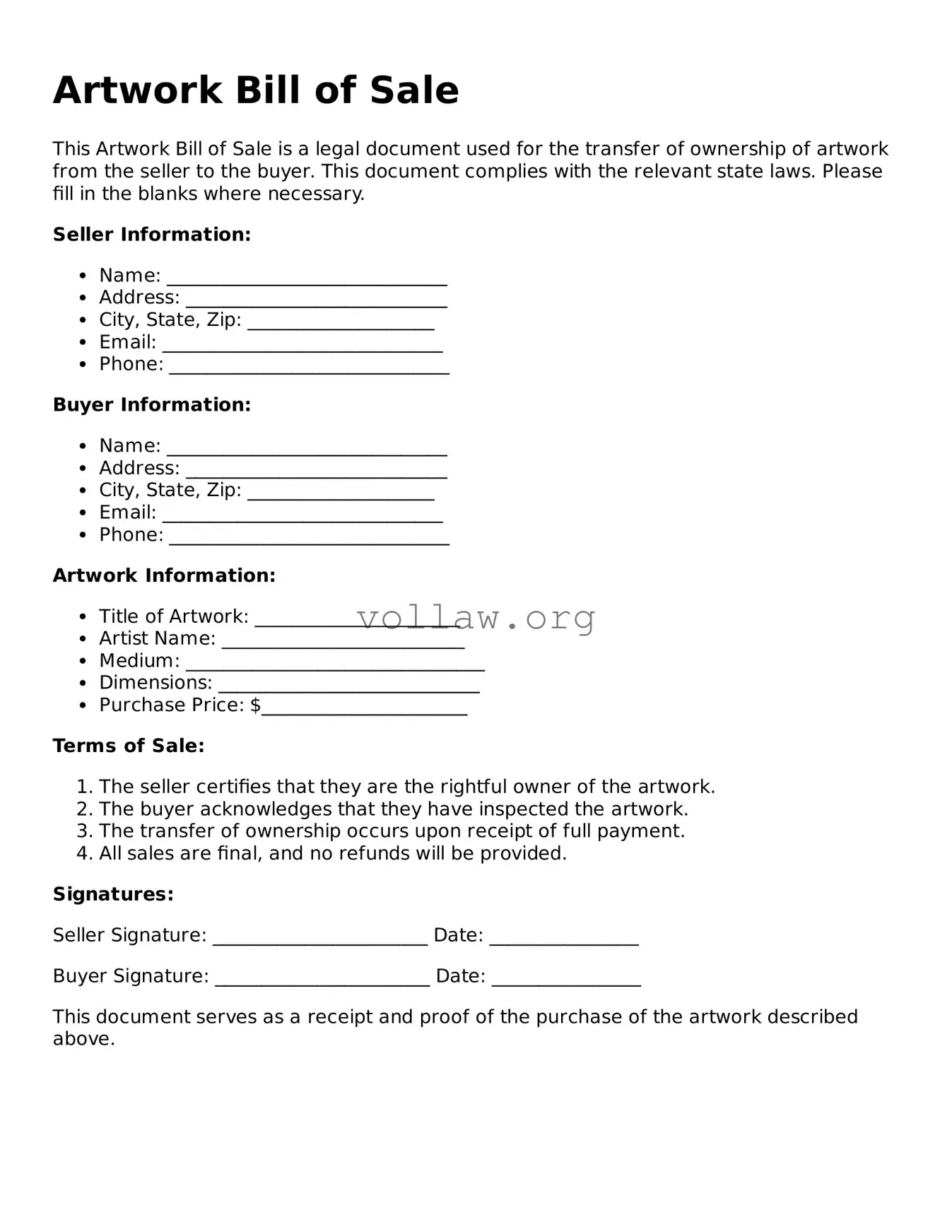 Free Artwork Bill of Sale Form