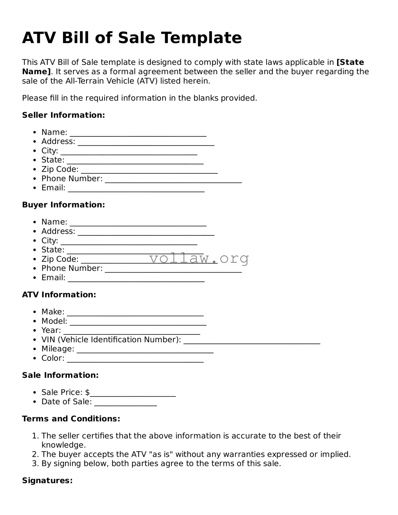 Free ATV Bill of Sale Form