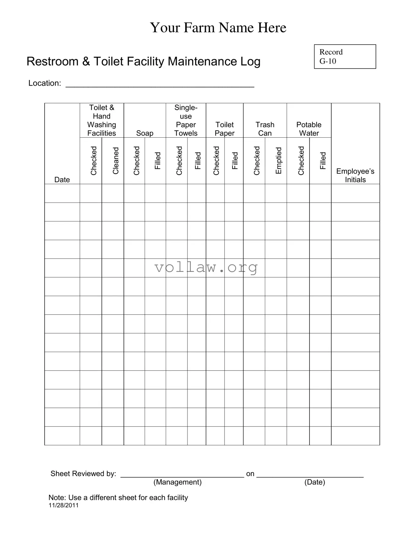 Bathroom Cleaning Log Sheet Template