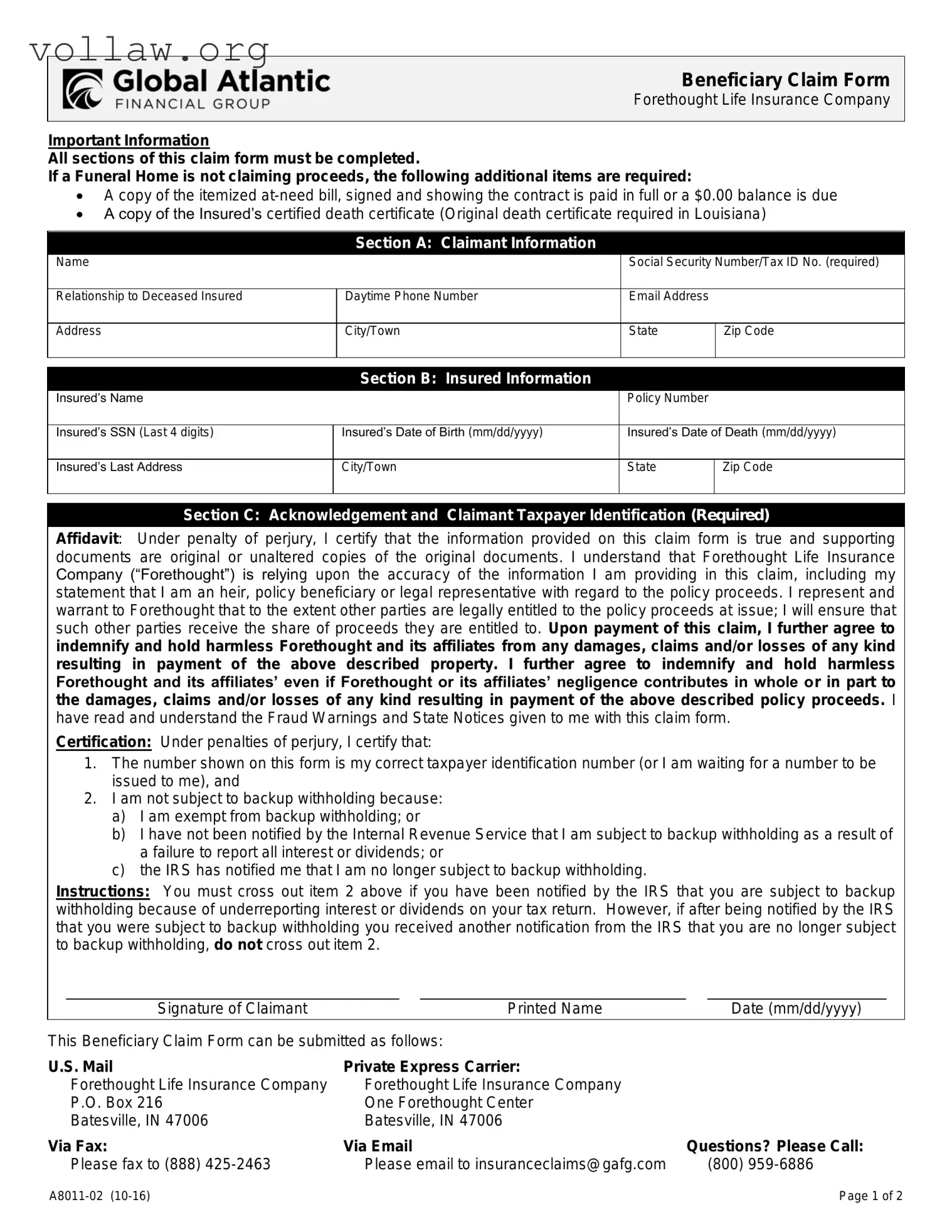 Forethought Life Insurance Claim Template