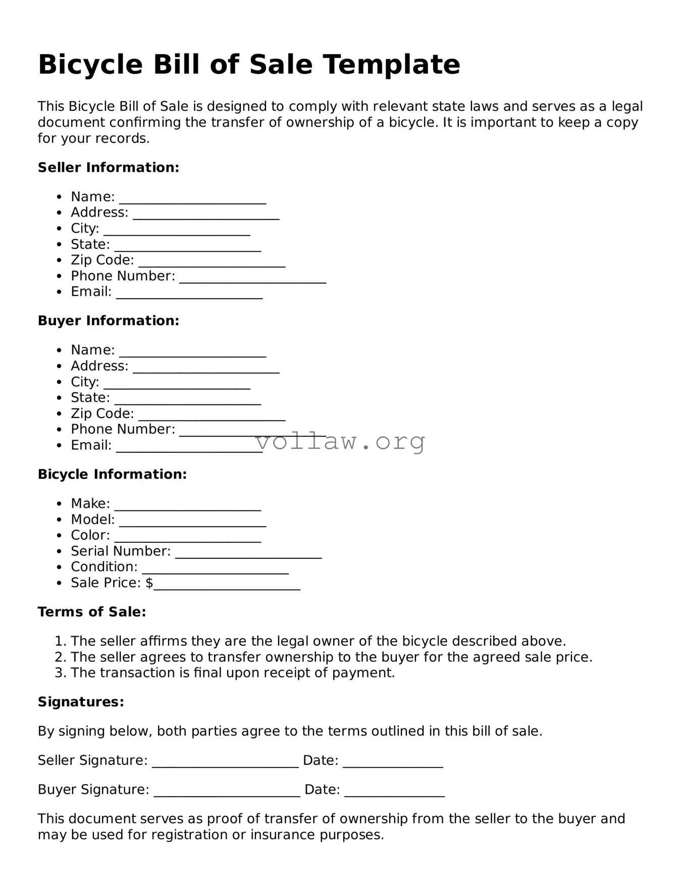 Free Bicycle Bill of Sale Form