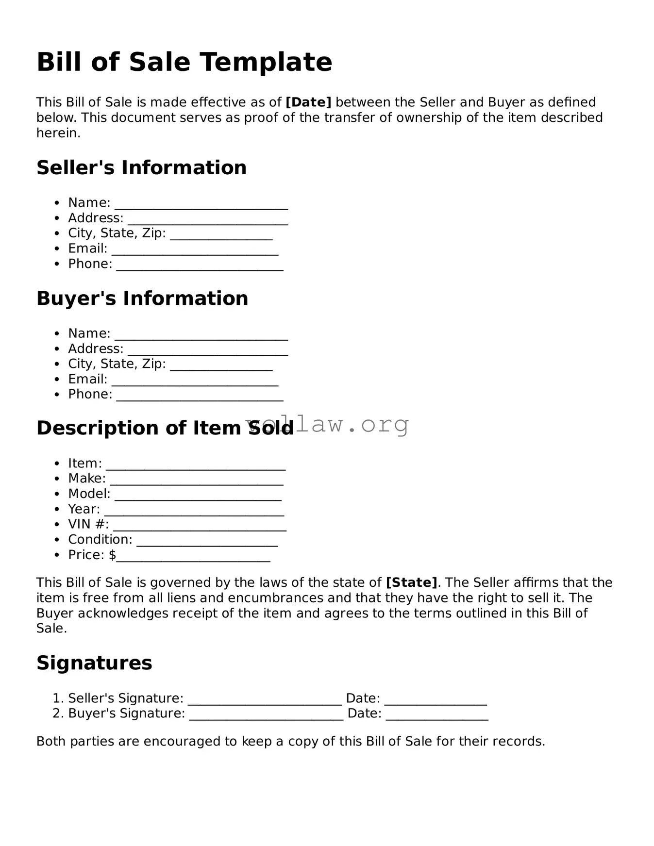 Free Bill of Sale Form