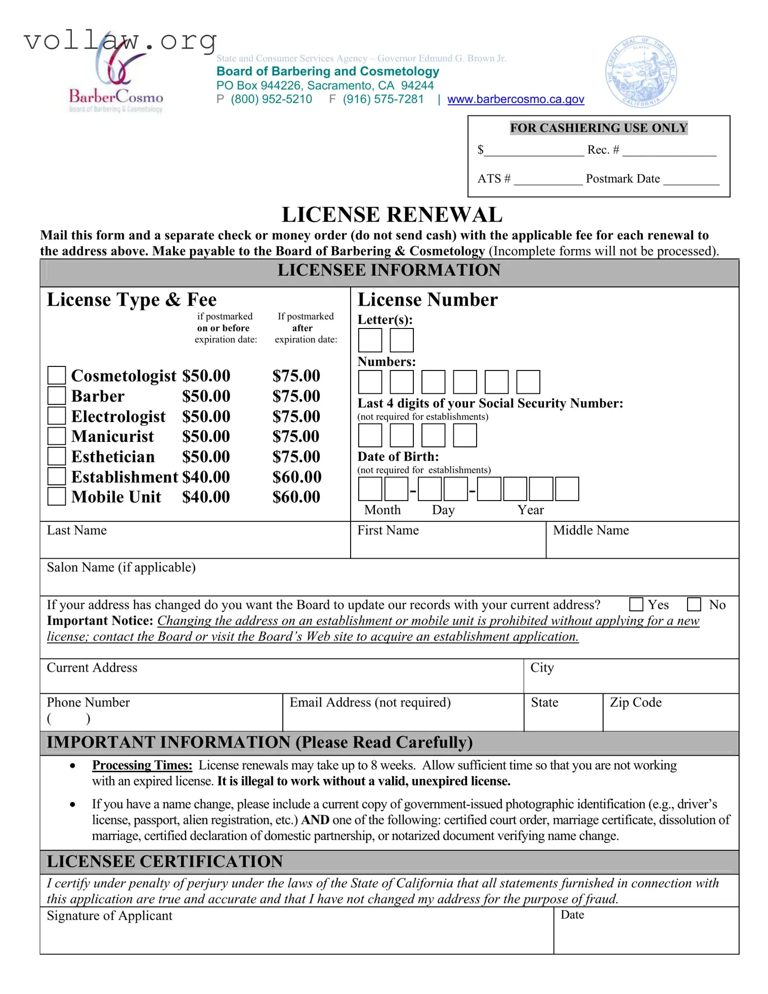 Cosmetology License Renewal California Template