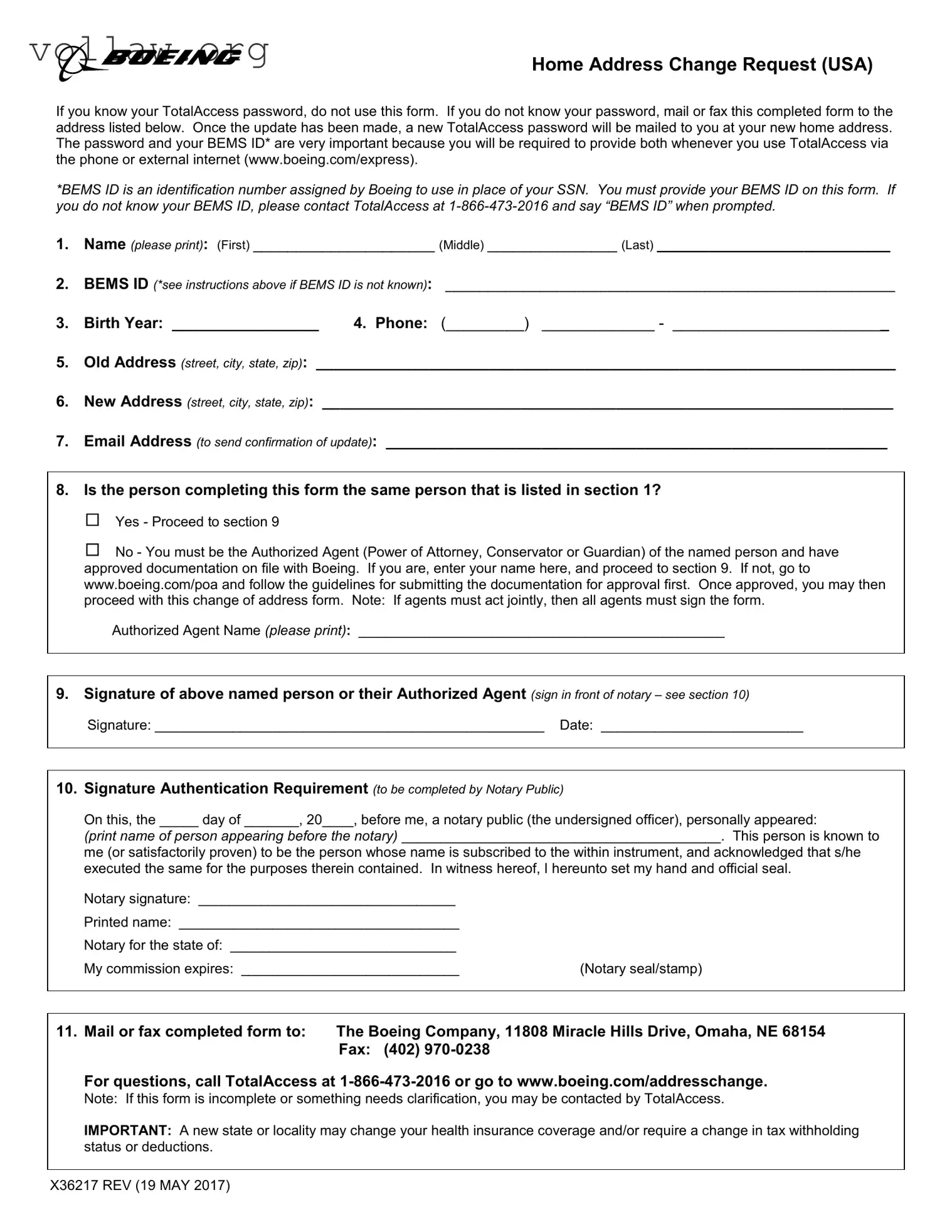 Boeing Address Change Request Template