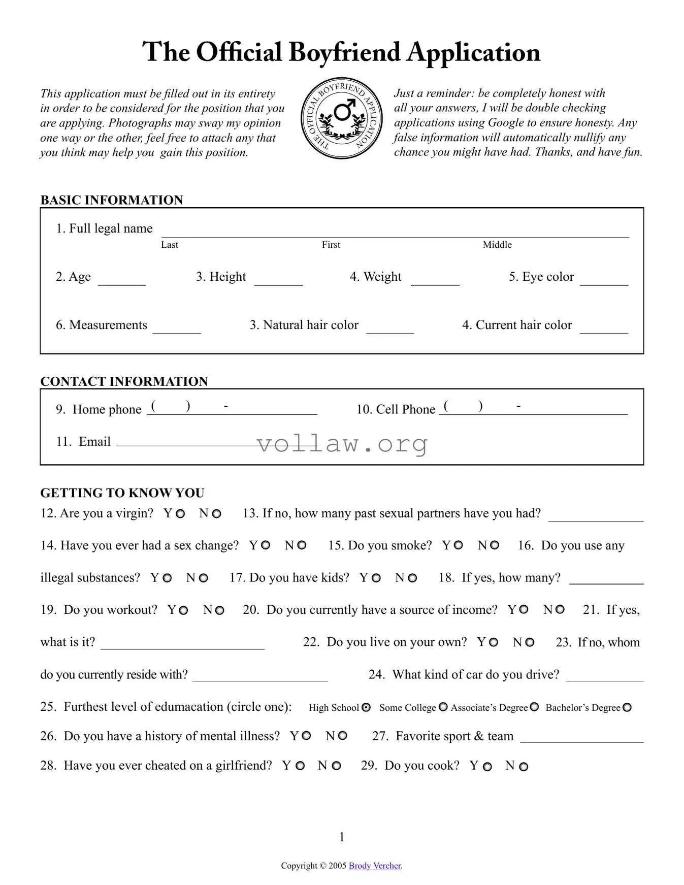 Boyfriend application form Template