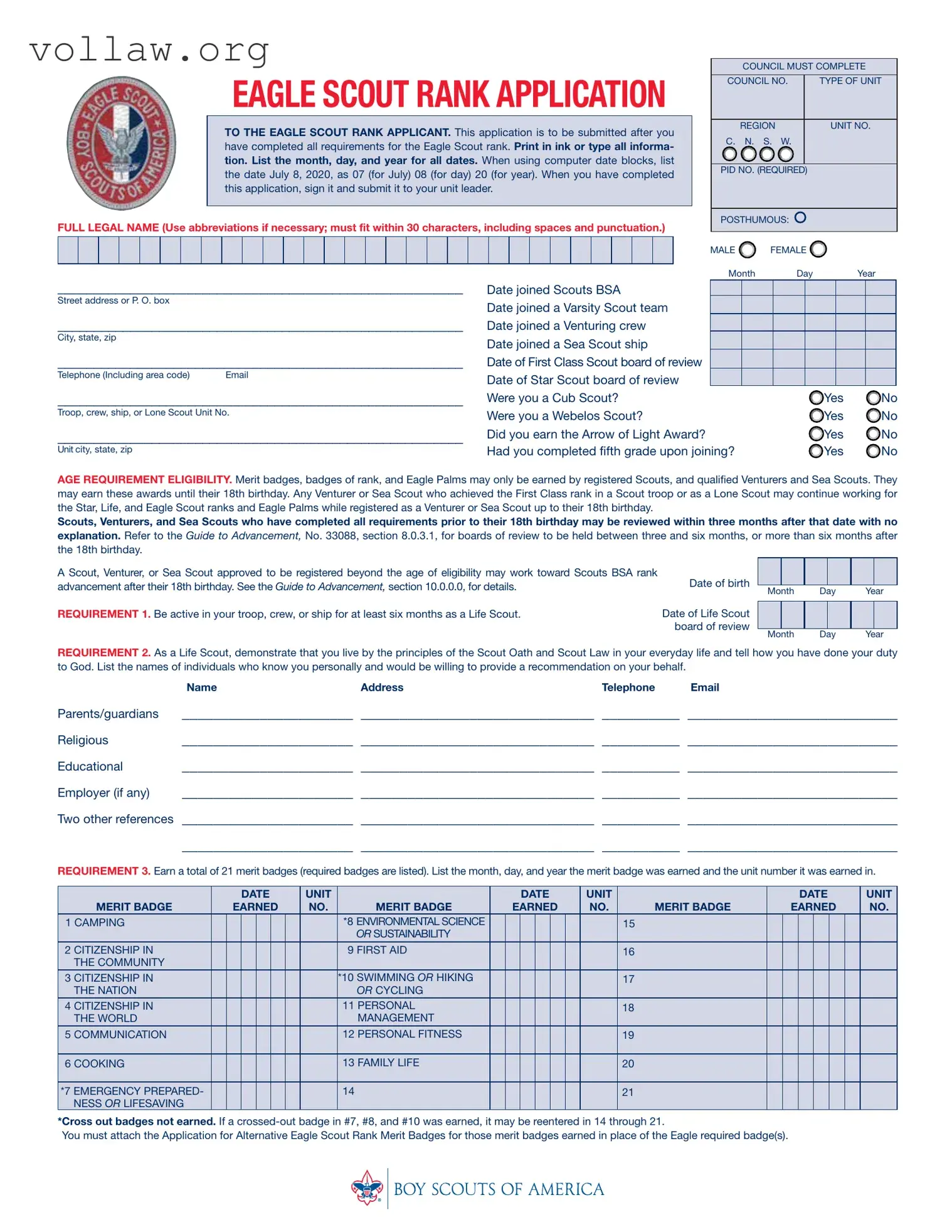 Eagle scout rank application Template