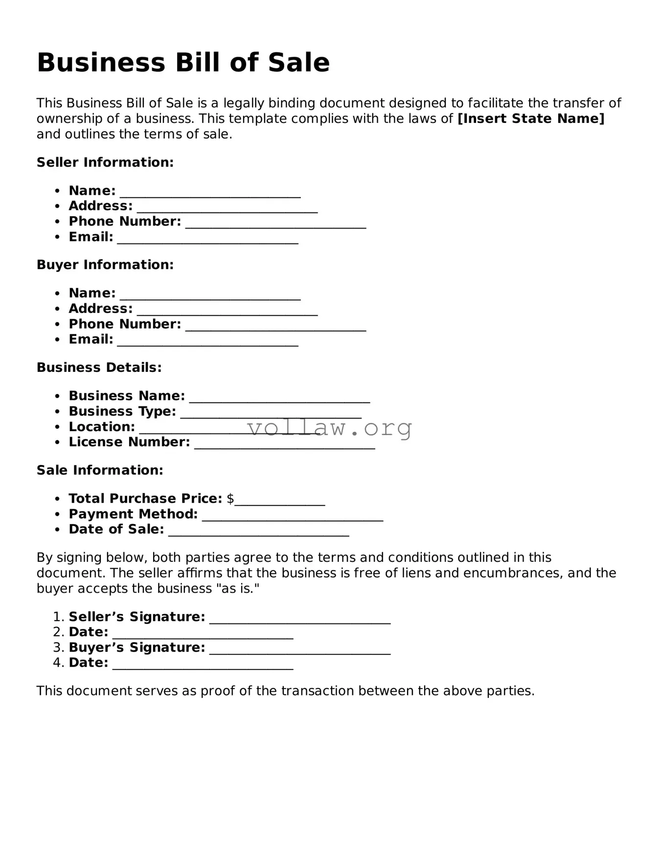Free Business Bill of Sale Form