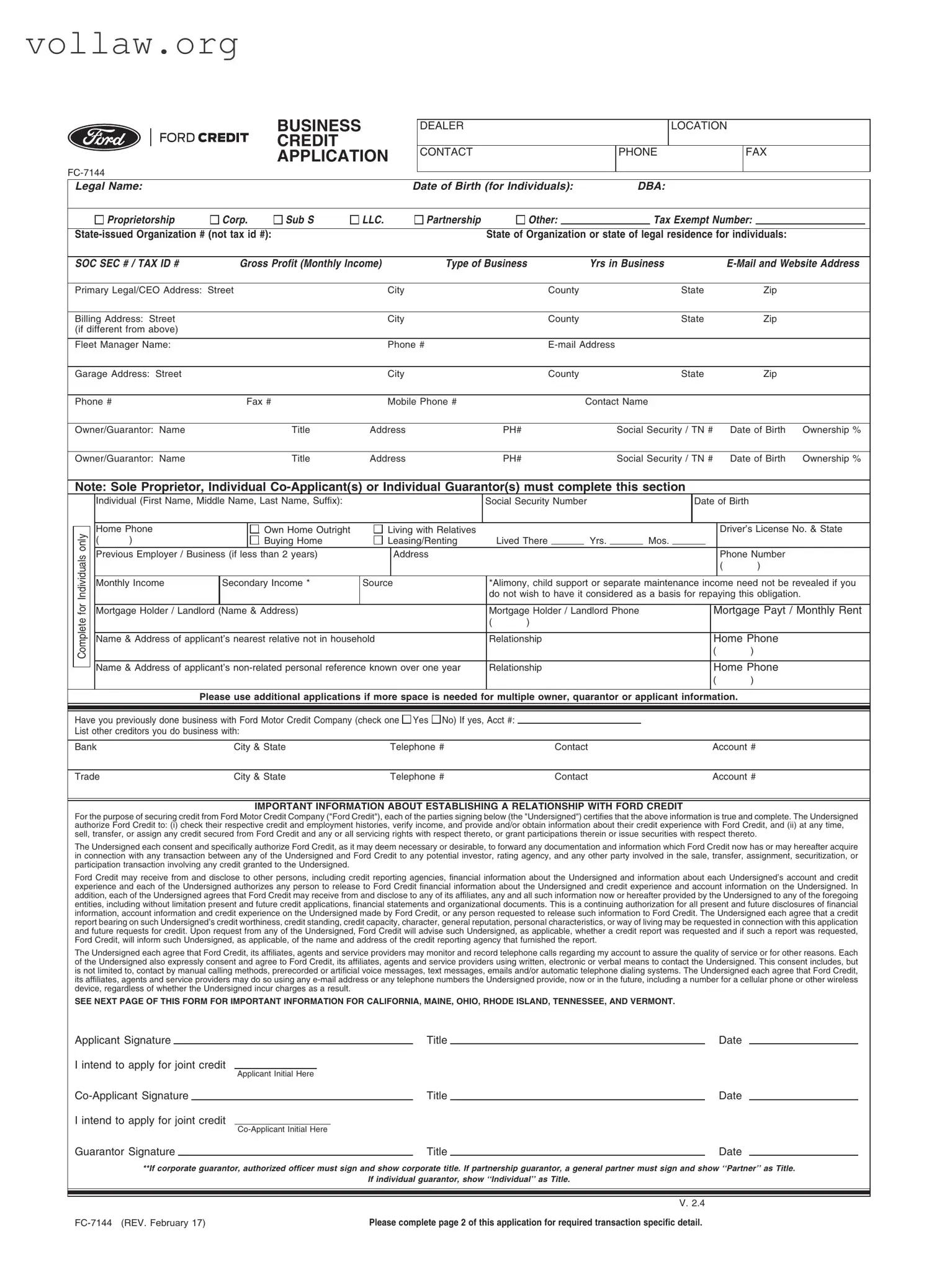 Ford Business Credit Application Template