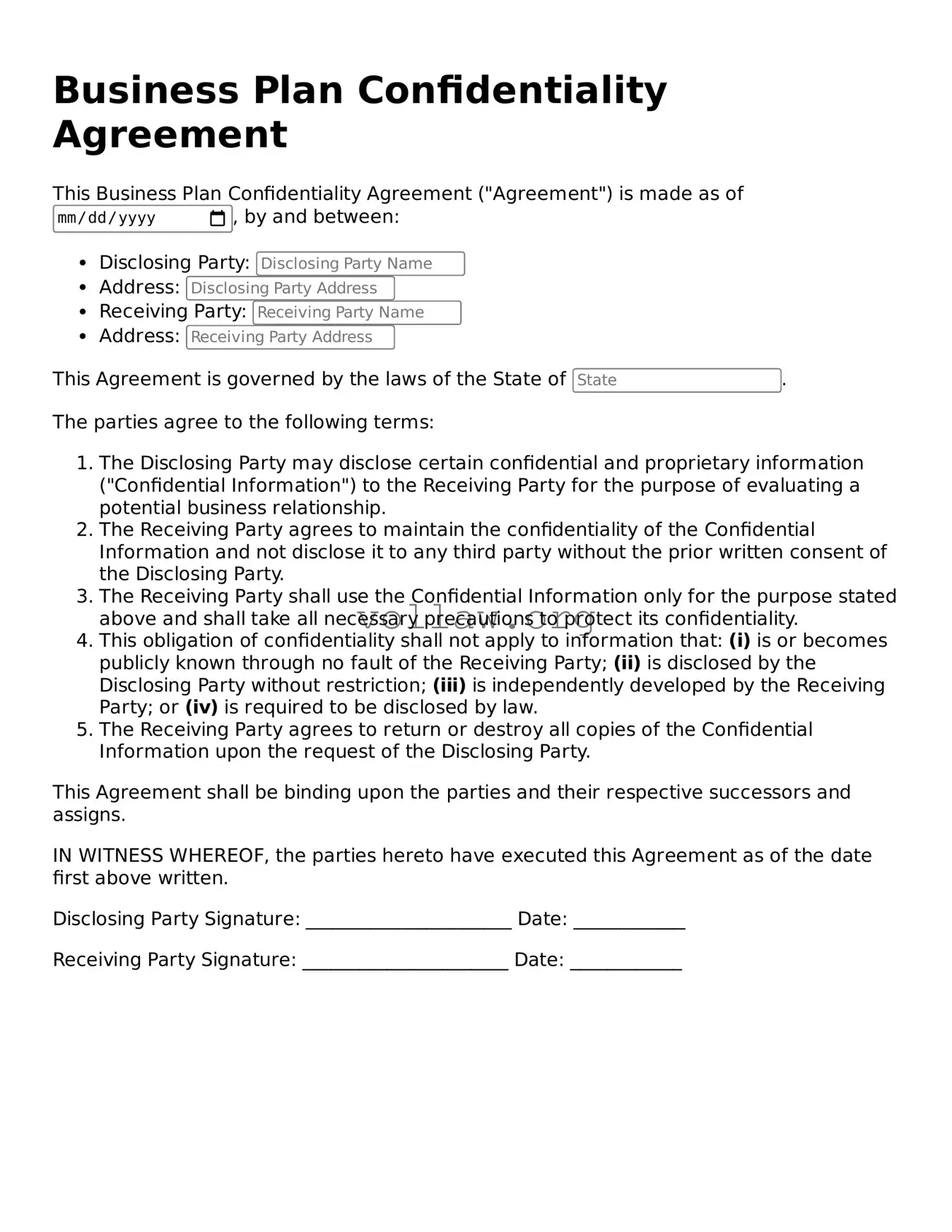 Free Business Plan Confidentiality Agreement Form