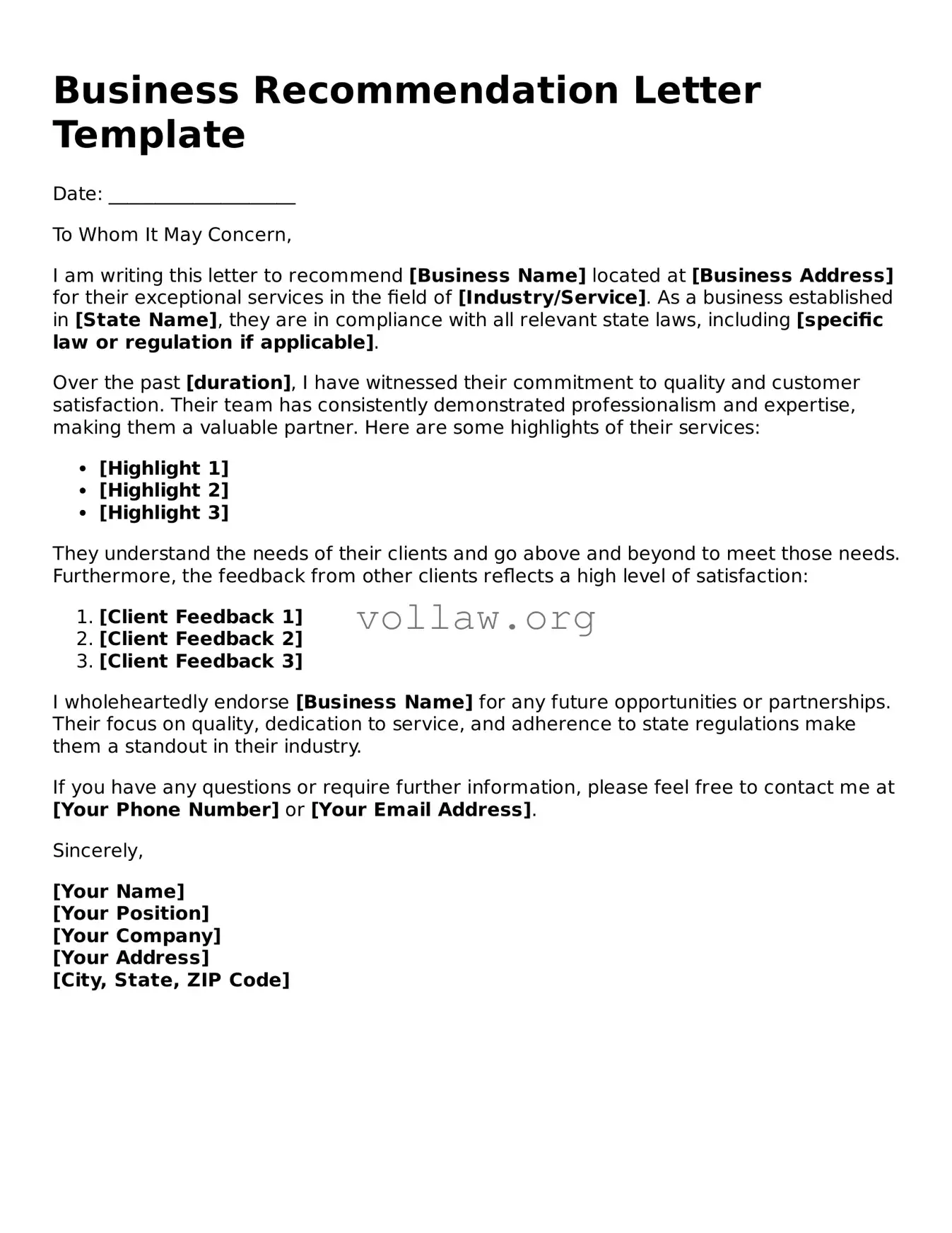 Free Business Recommendation Letter Form