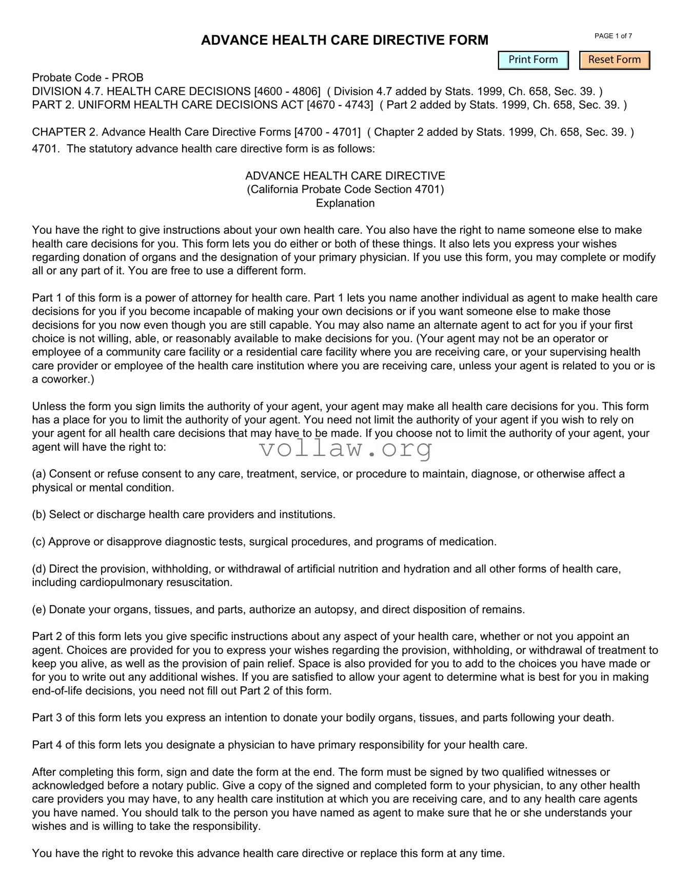 California Advanced Health Care Directive Template