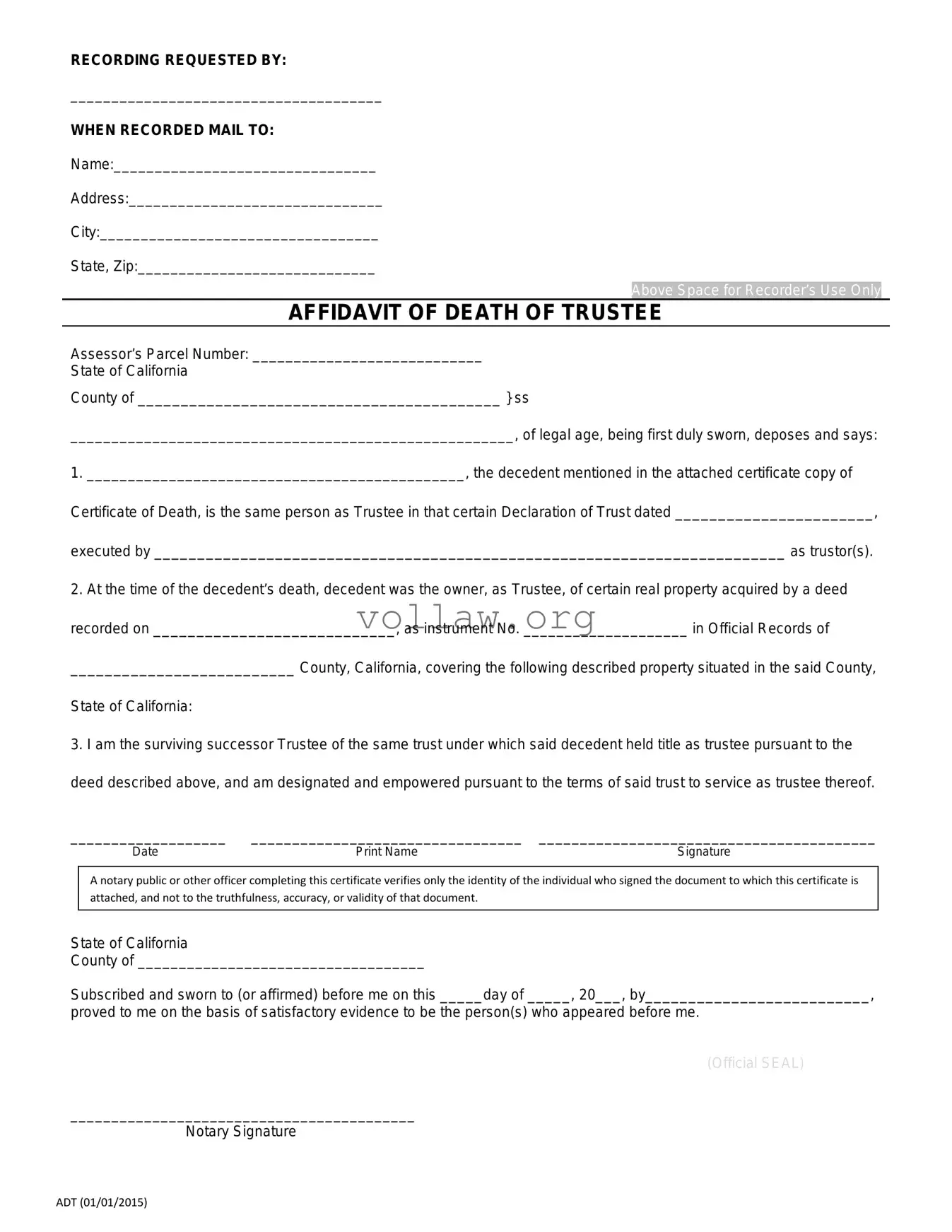California Affidavit of Death of a Trustee Template