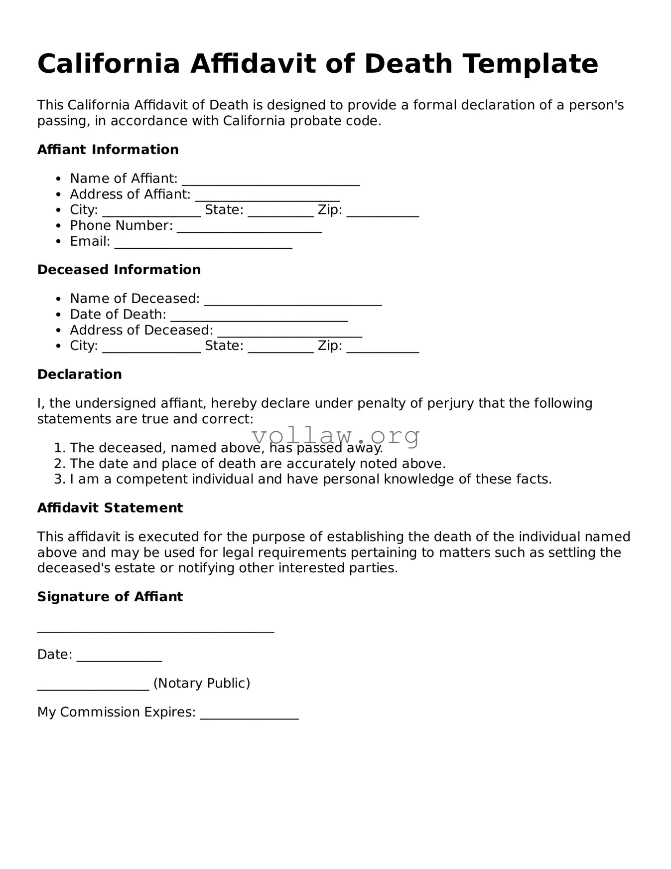 Attorney-Verified  Affidavit of Death Form for California