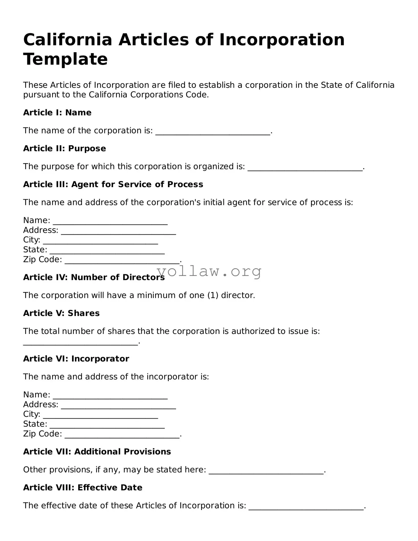 Attorney-Verified  Articles of Incorporation Form for California