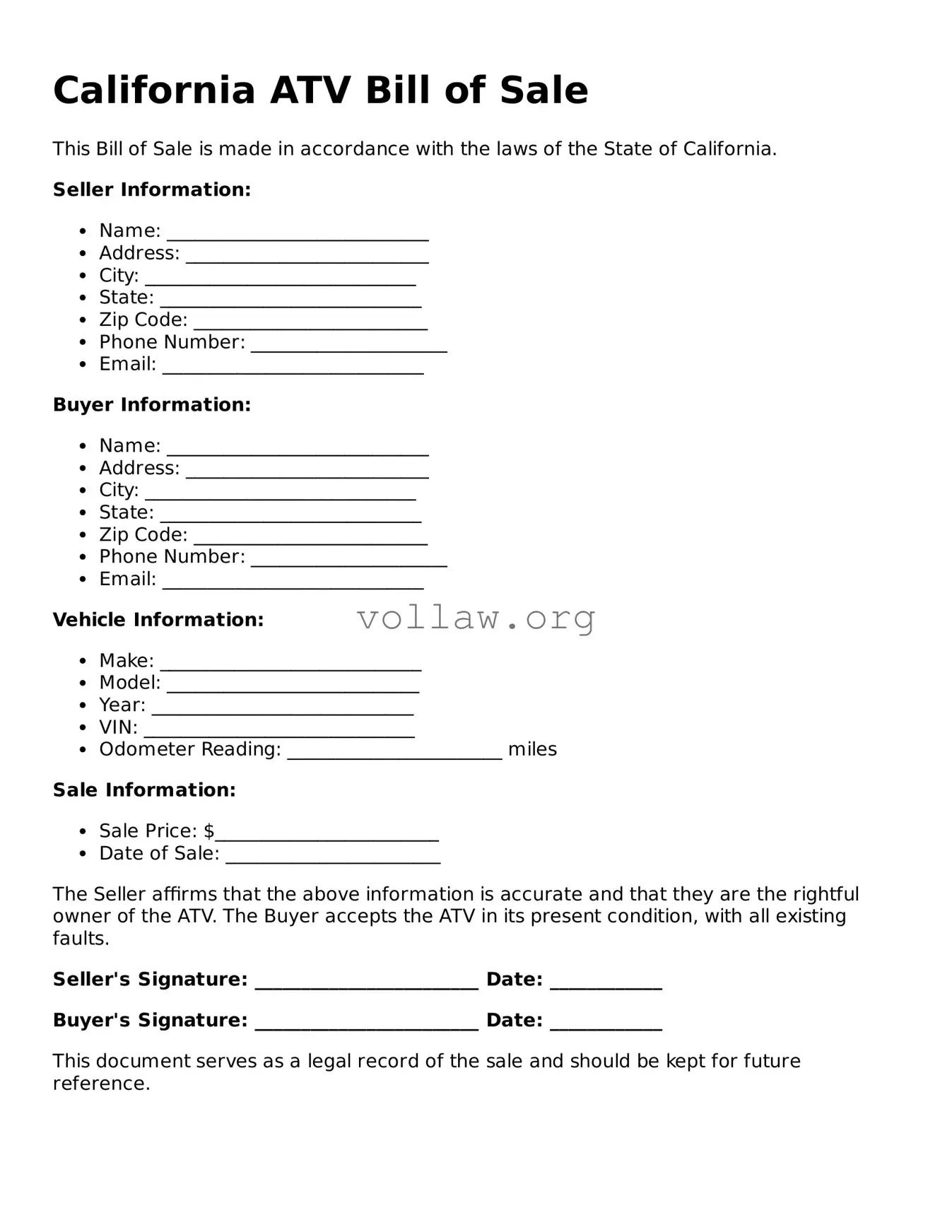 Attorney-Verified  ATV Bill of Sale Form for California