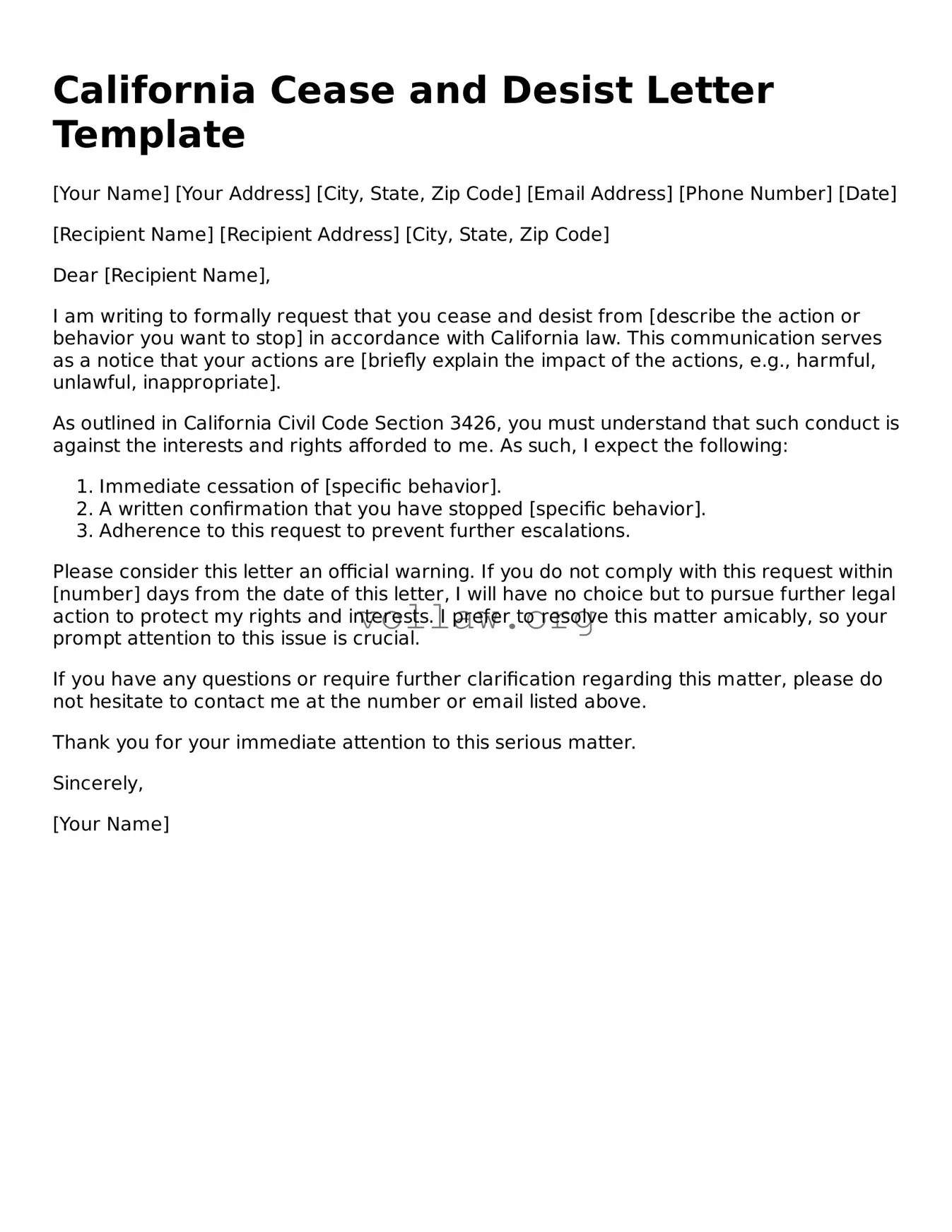 Attorney-Verified  Cease and Desist Letter Form for California