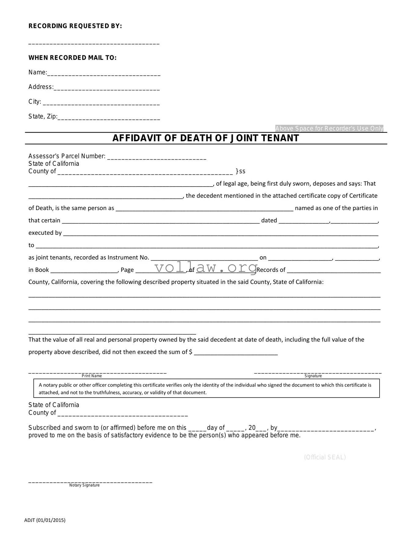 California Death of a Joint Tenant Affidavit Template