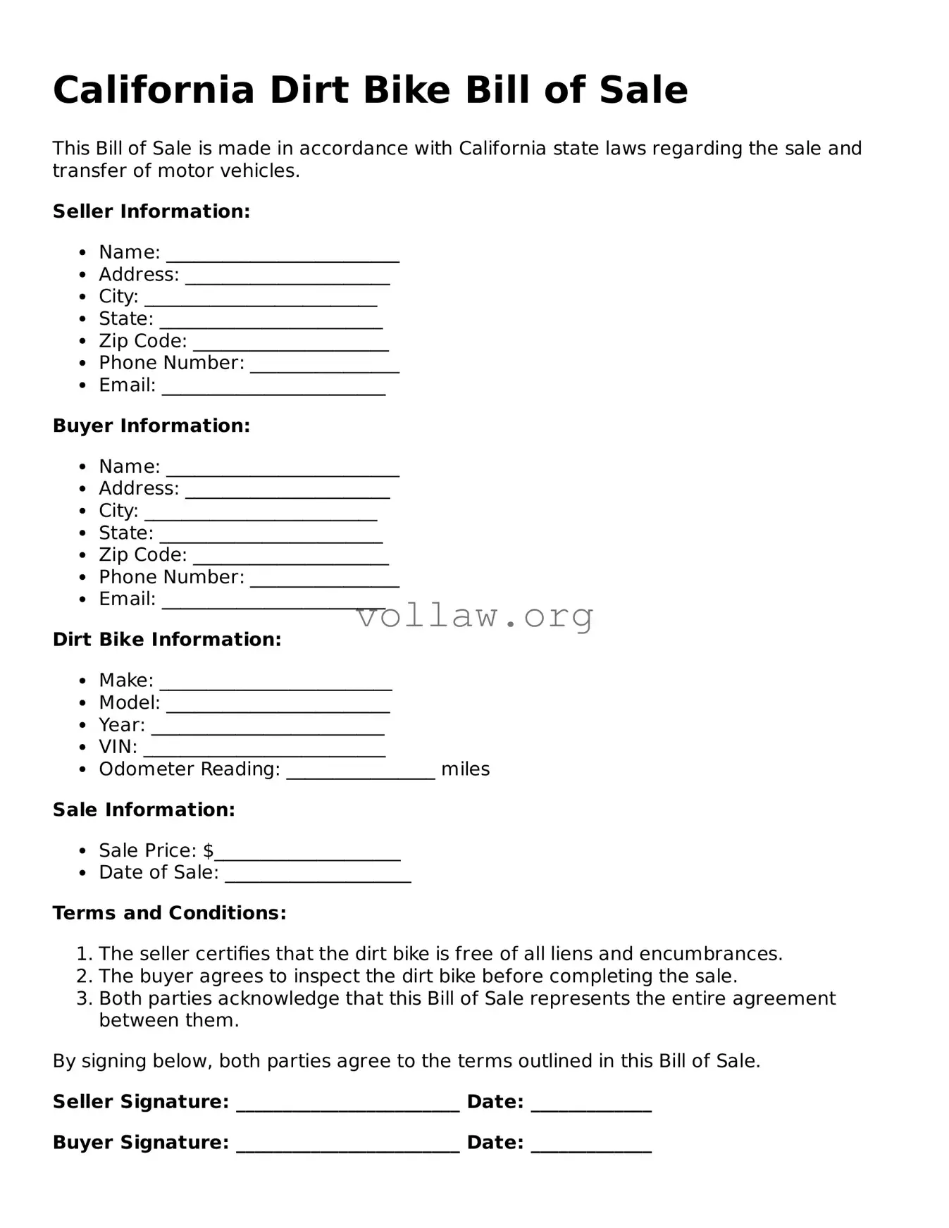 Attorney-Verified  Dirt Bike Bill of Sale Form for California
