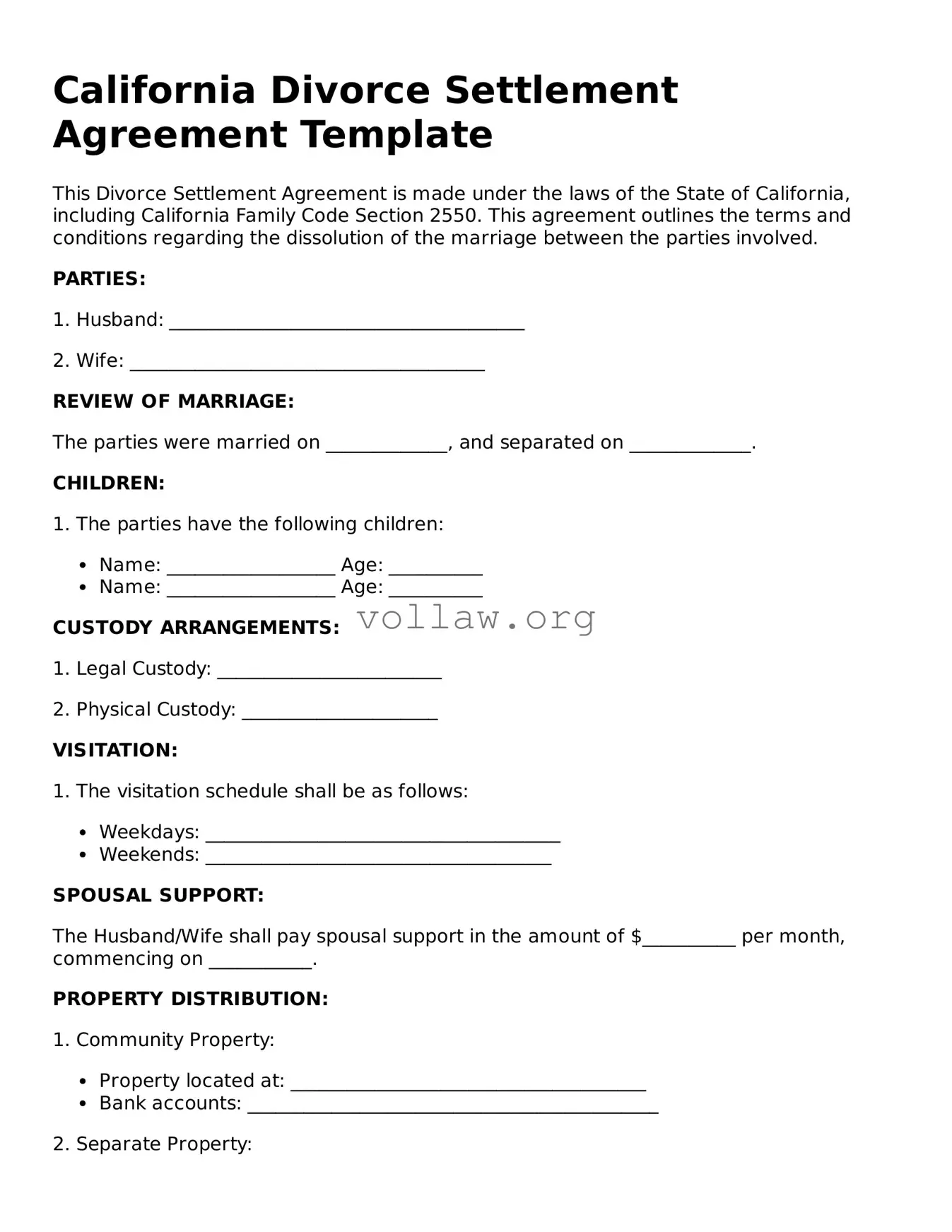 Attorney-Verified  Divorce Settlement Agreement Form for California
