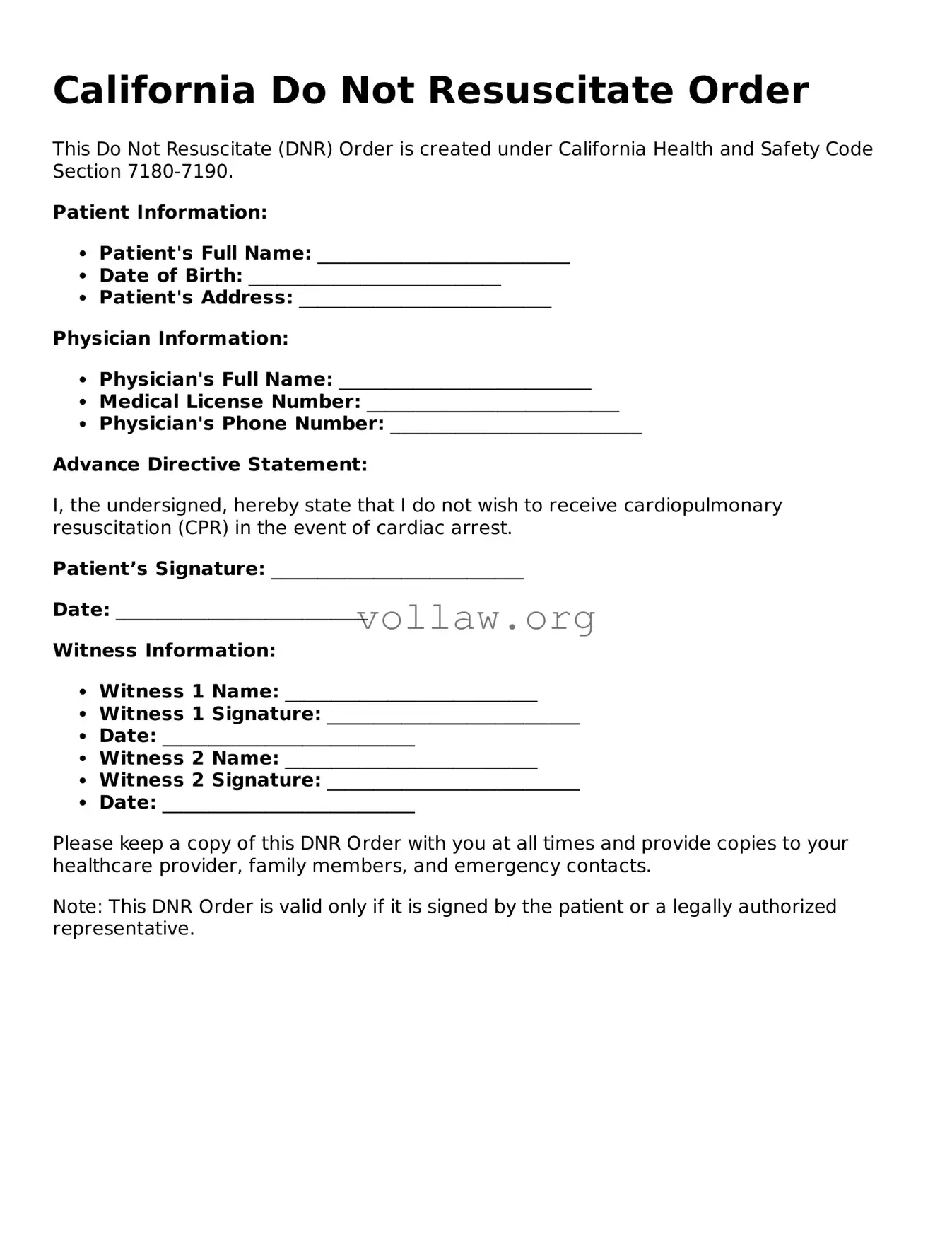 Attorney-Verified  Do Not Resuscitate Order Form for California