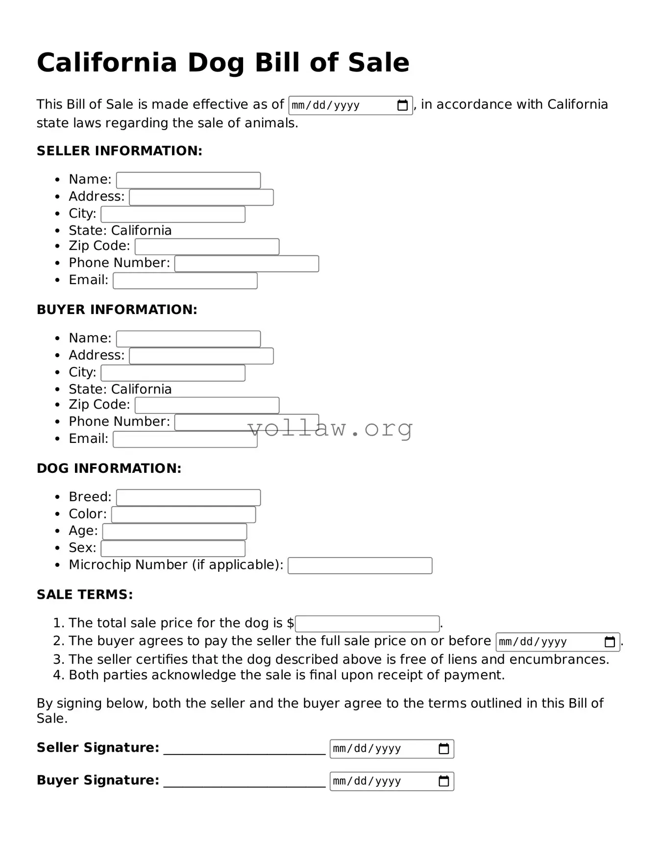 Attorney-Verified  Dog Bill of Sale Form for California