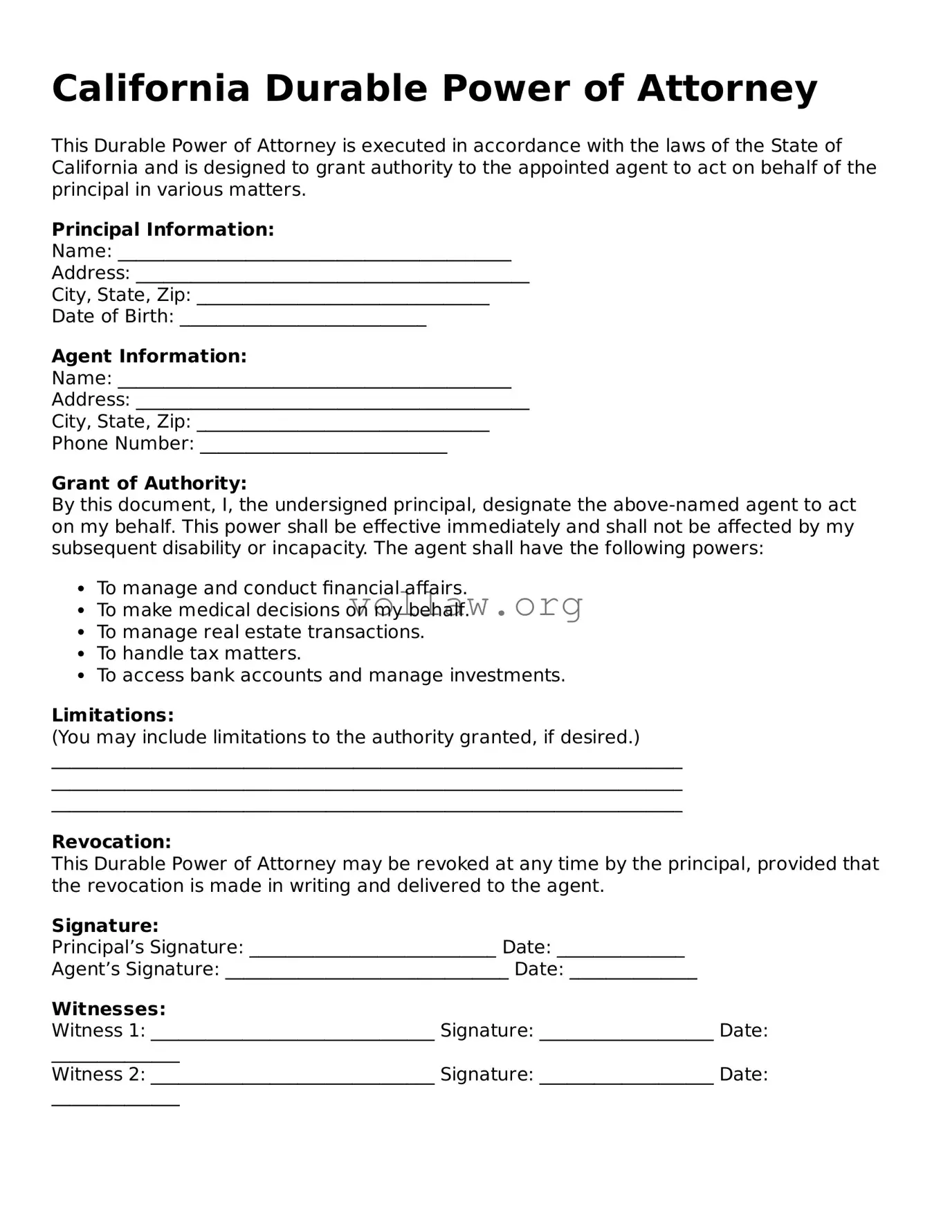 Attorney-Verified  Durable Power of Attorney Form for California